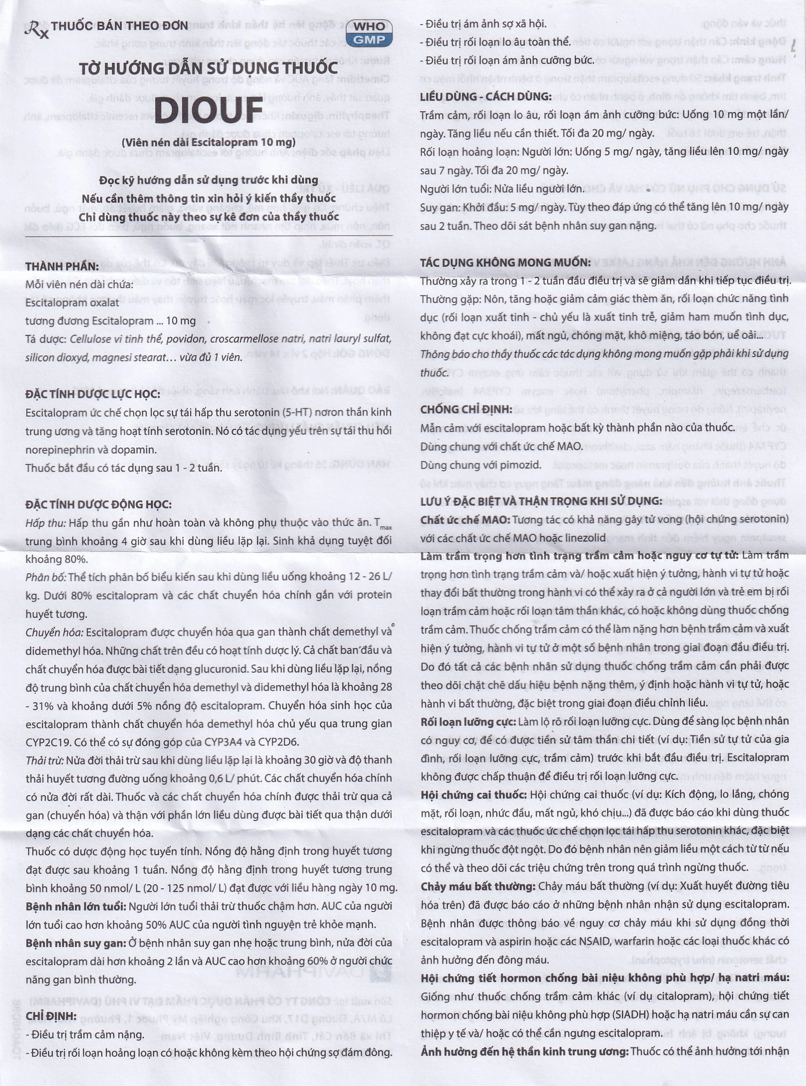 Thuốc Diouf Davipharm điều trị trầm cảm nặng, rối loạn hoảng loạn (2 vỉ x 14 viên)