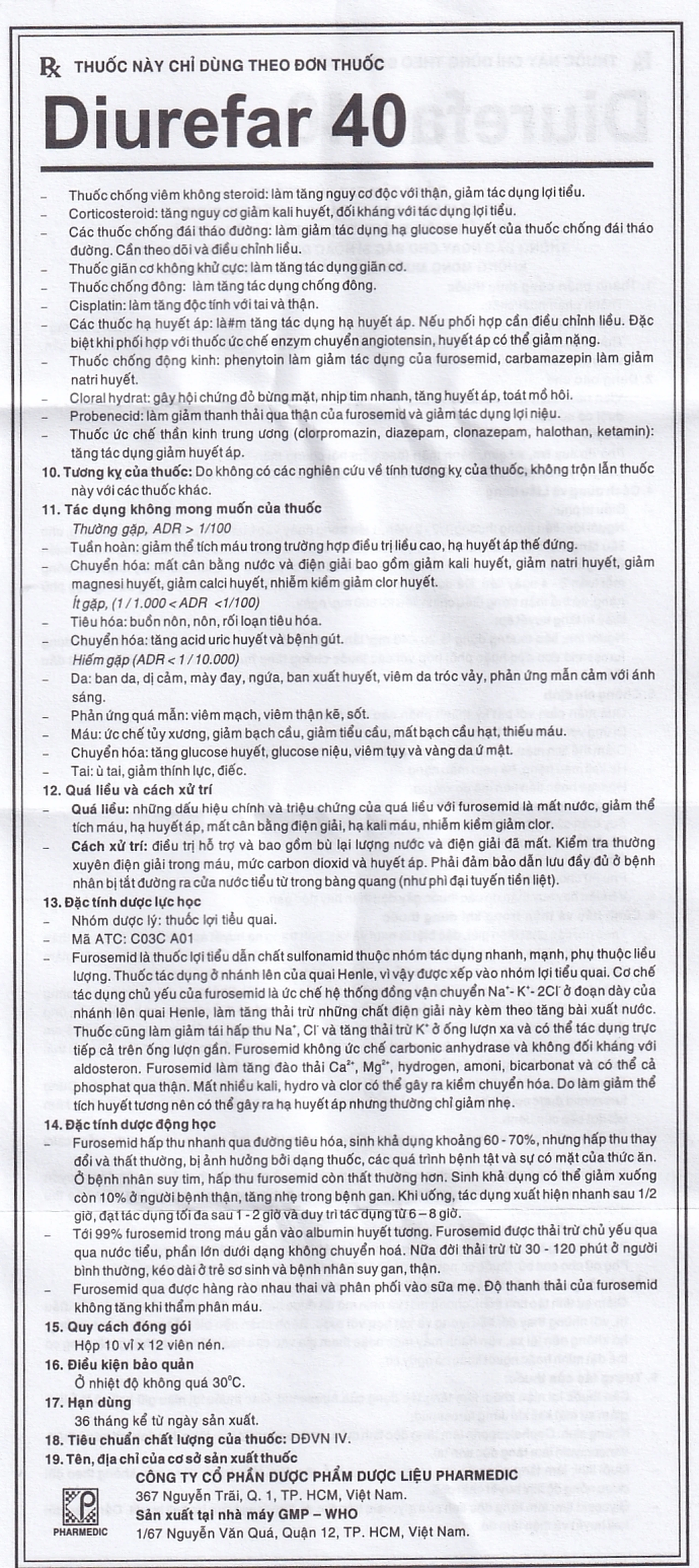 Thuốc Diurefar 40 Pharmedic điều trị tăng huyết áp, phù do suy tim, xơ gan, bệnh thận (10 vỉ x 12 viên)