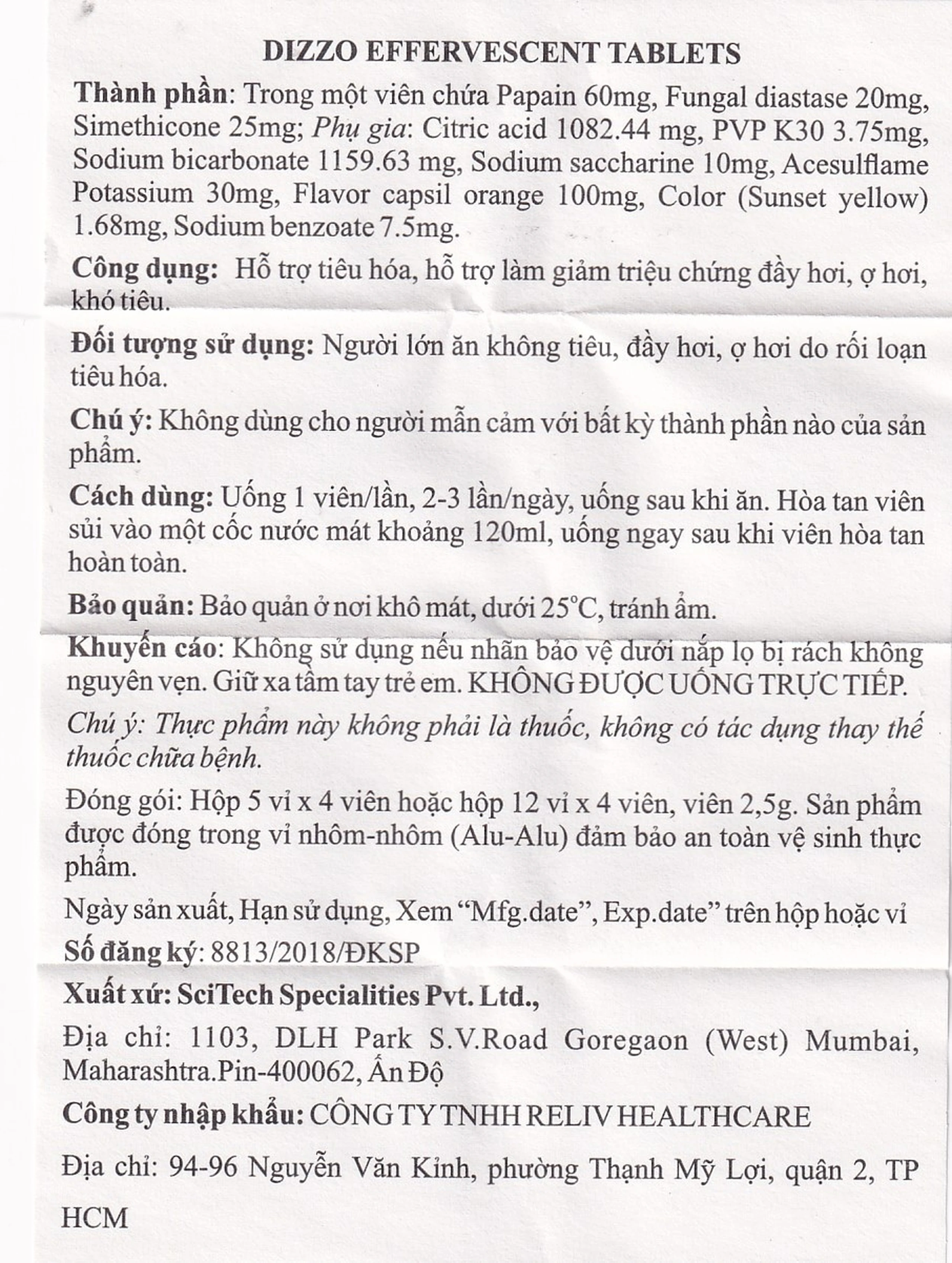 Viên sủi hỗ trợ tiêu hóa Dizzo Reliv (12 vỉ x 4 viên)