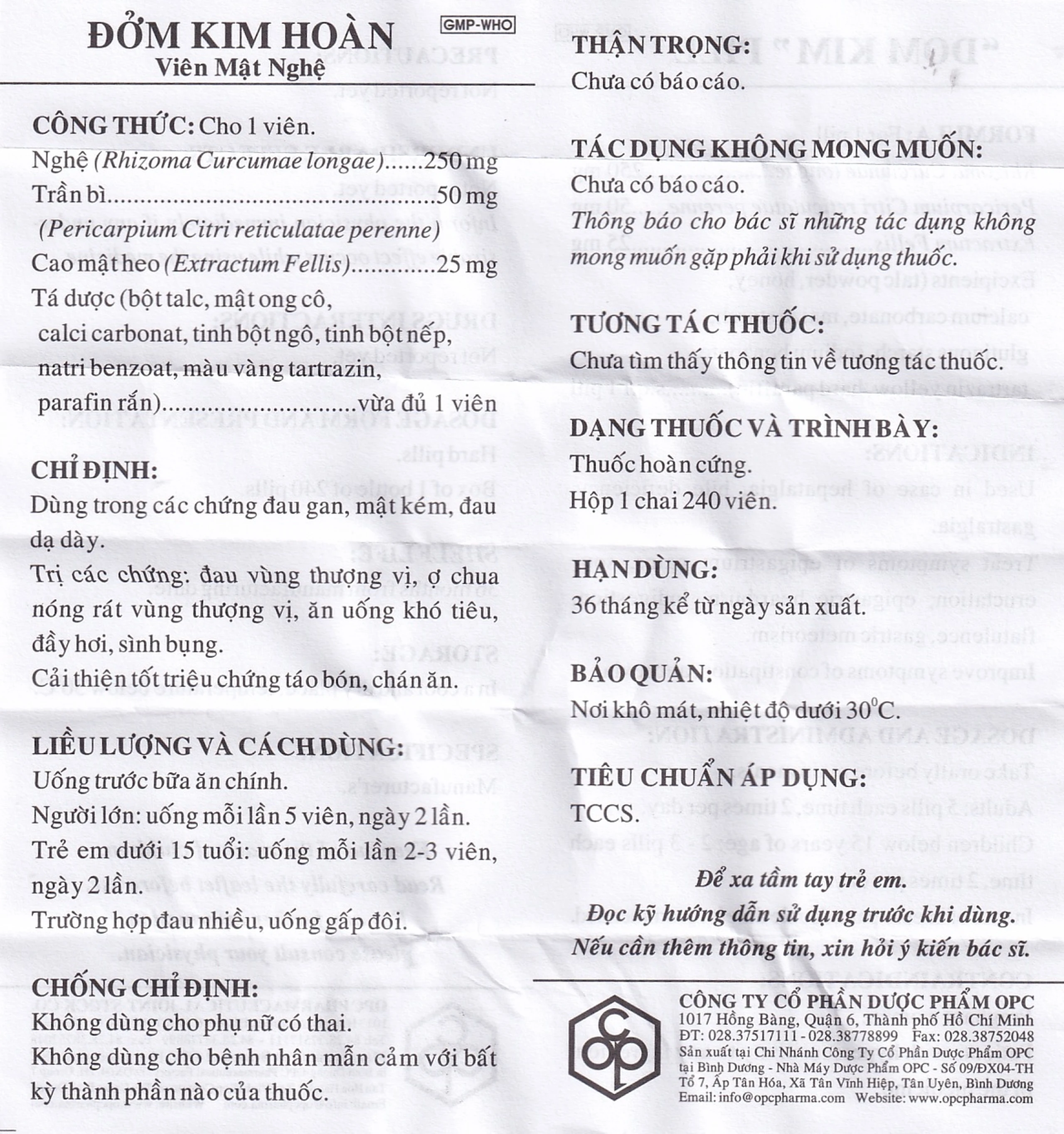 Viên mật nghệ Đởm Kim Hoàn OPC điều trị đau gan, mật kém, đau dạ dày (240 viên)