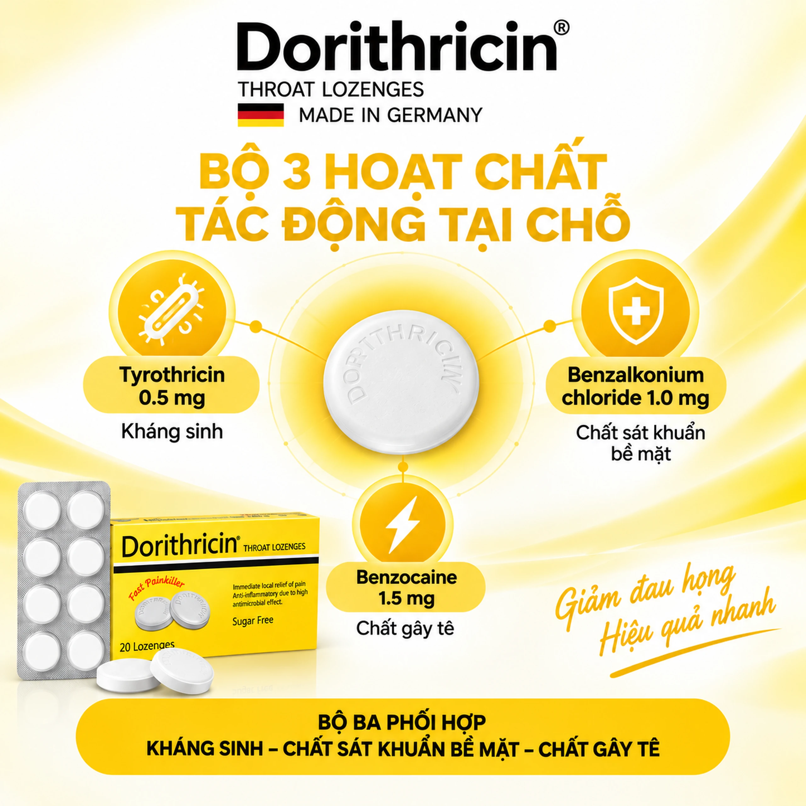 Viên ngậm Dorithricin Hyphens (20 viên) hỗ trợ điều trị các triệu chứng nhiễm khuẩn miệng, họng 3