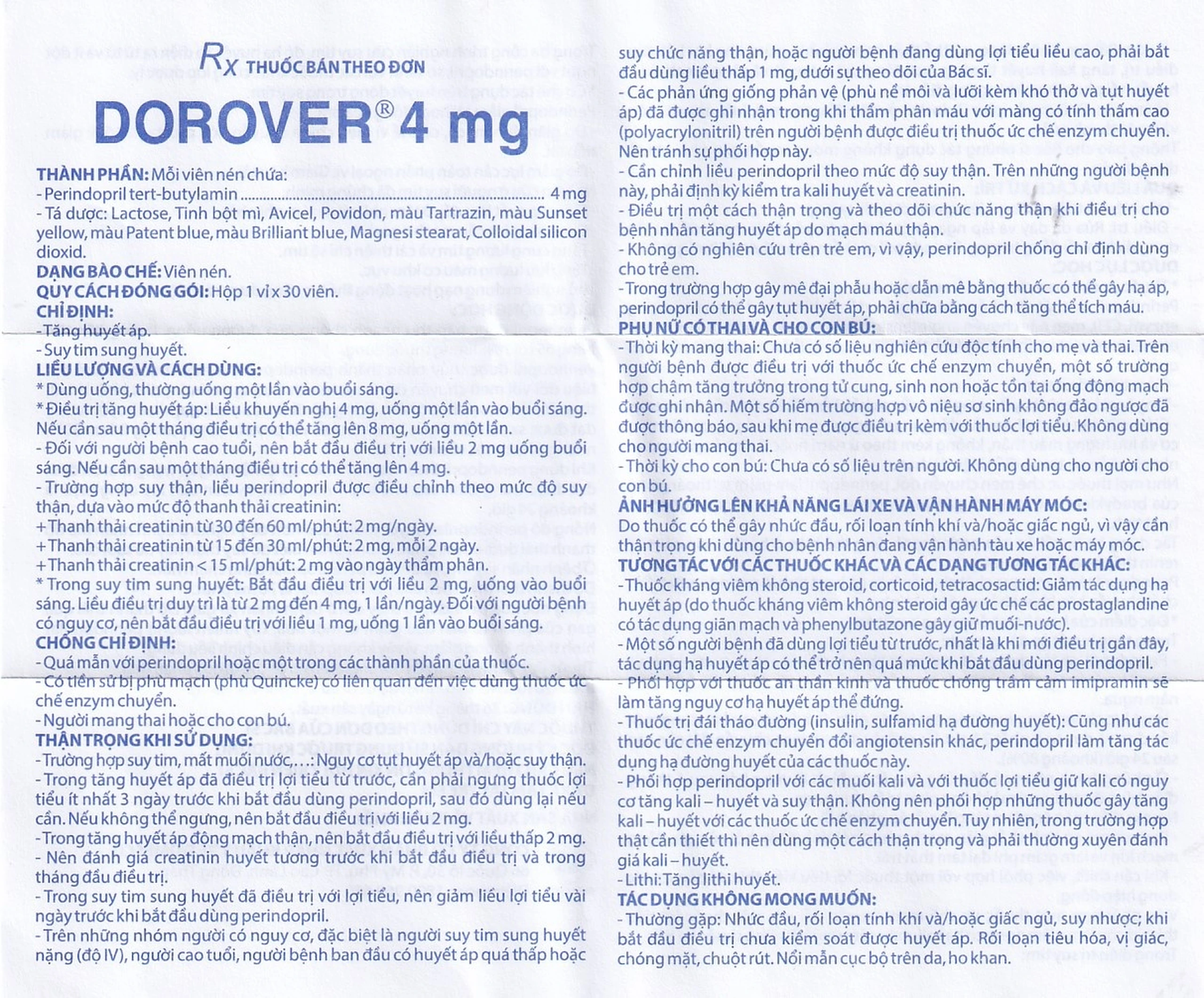 Thuốc Dorover 4mg Domesco điều trị tăng huyết áp, suy tim sung huyết (1 vỉ x 30 viên)