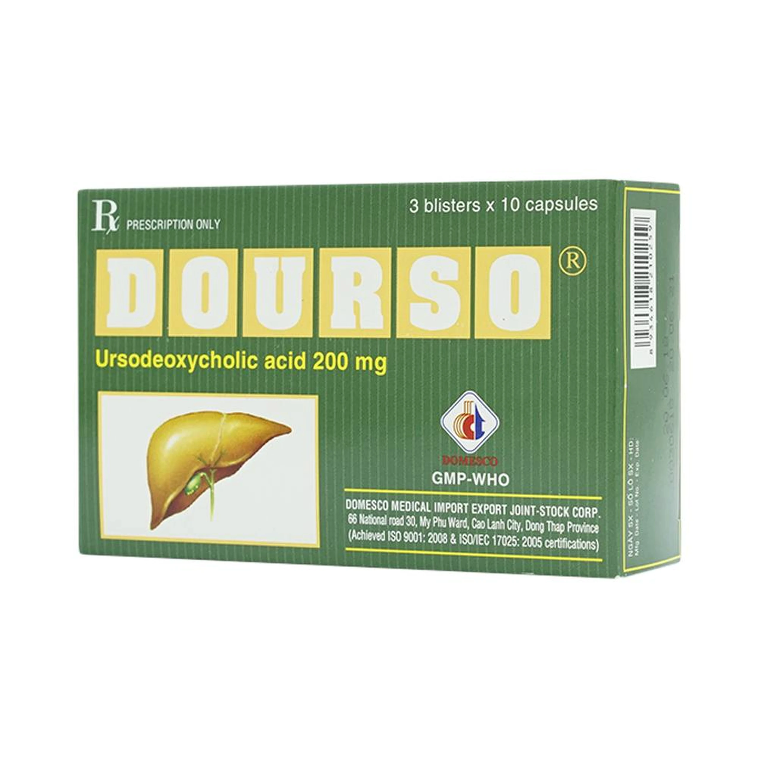 Thuốc Dourso 200mg Domesco điều trị sỏi túi mật cholesterol (3 vỉ x 10 viên)