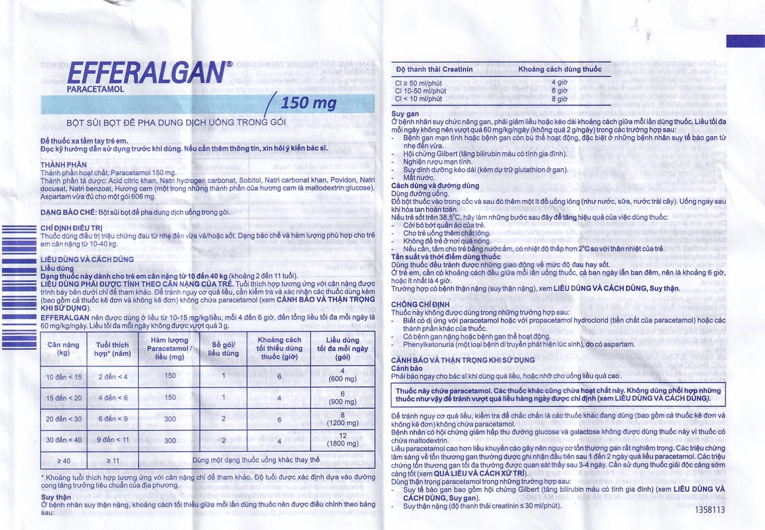 Bột sủi Efferalgan 150mg UPSA SAS giảm đau, hạ sốt (12 gói)