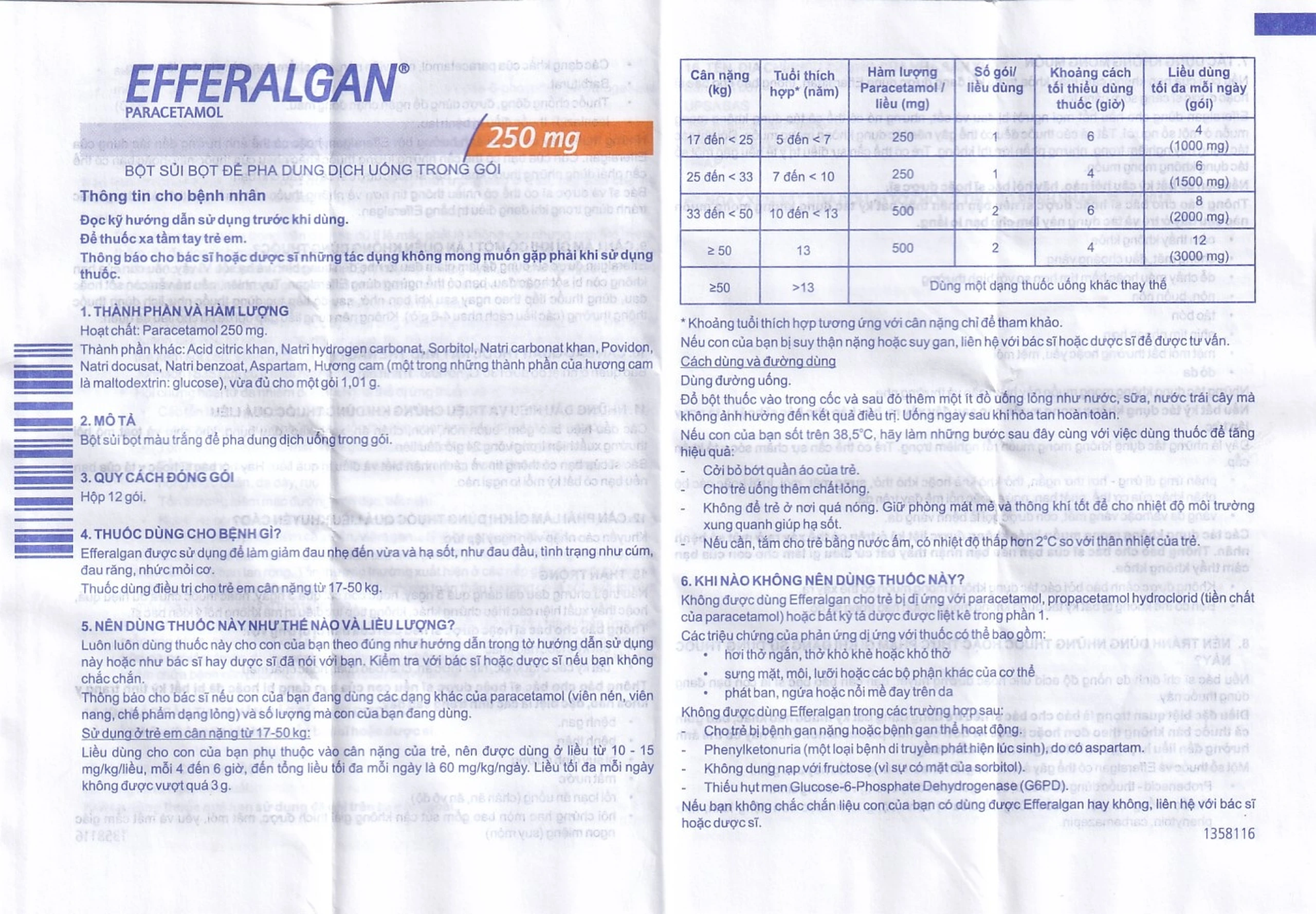 Bột sủi Efferalgan 250mg UPSA SAS giảm đau, hạ sốt (12 gói)