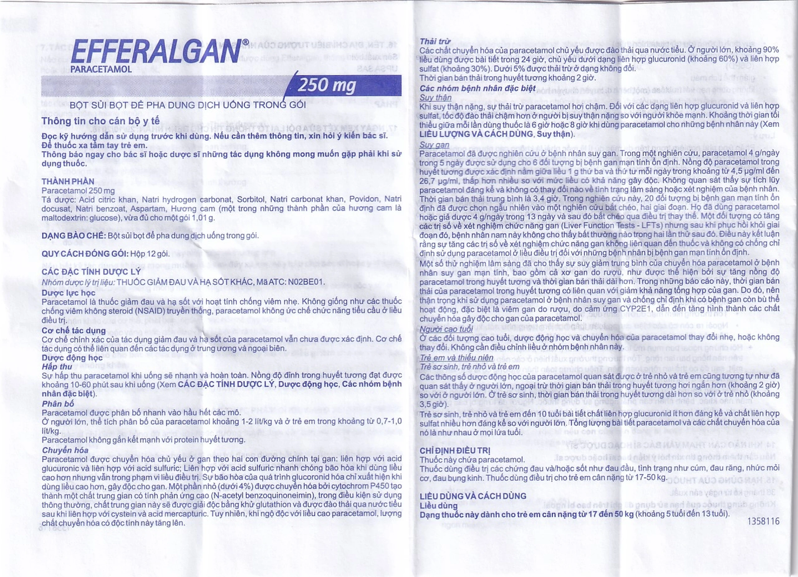 Bột sủi Efferalgan 250mg UPSA SAS giảm đau, hạ sốt (12 gói)