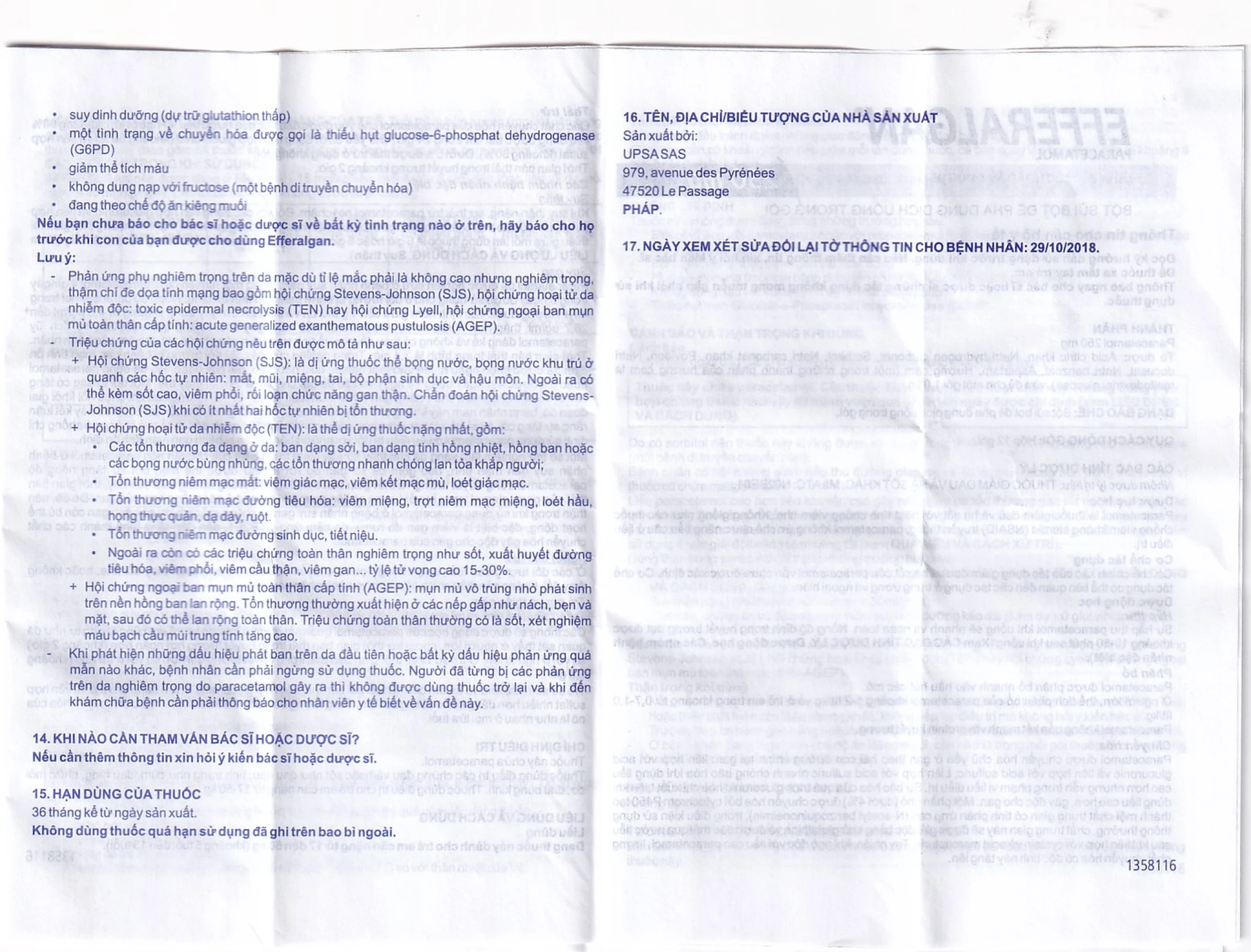 Bột sủi Efferalgan 250mg UPSA SAS giảm đau, hạ sốt (12 gói)