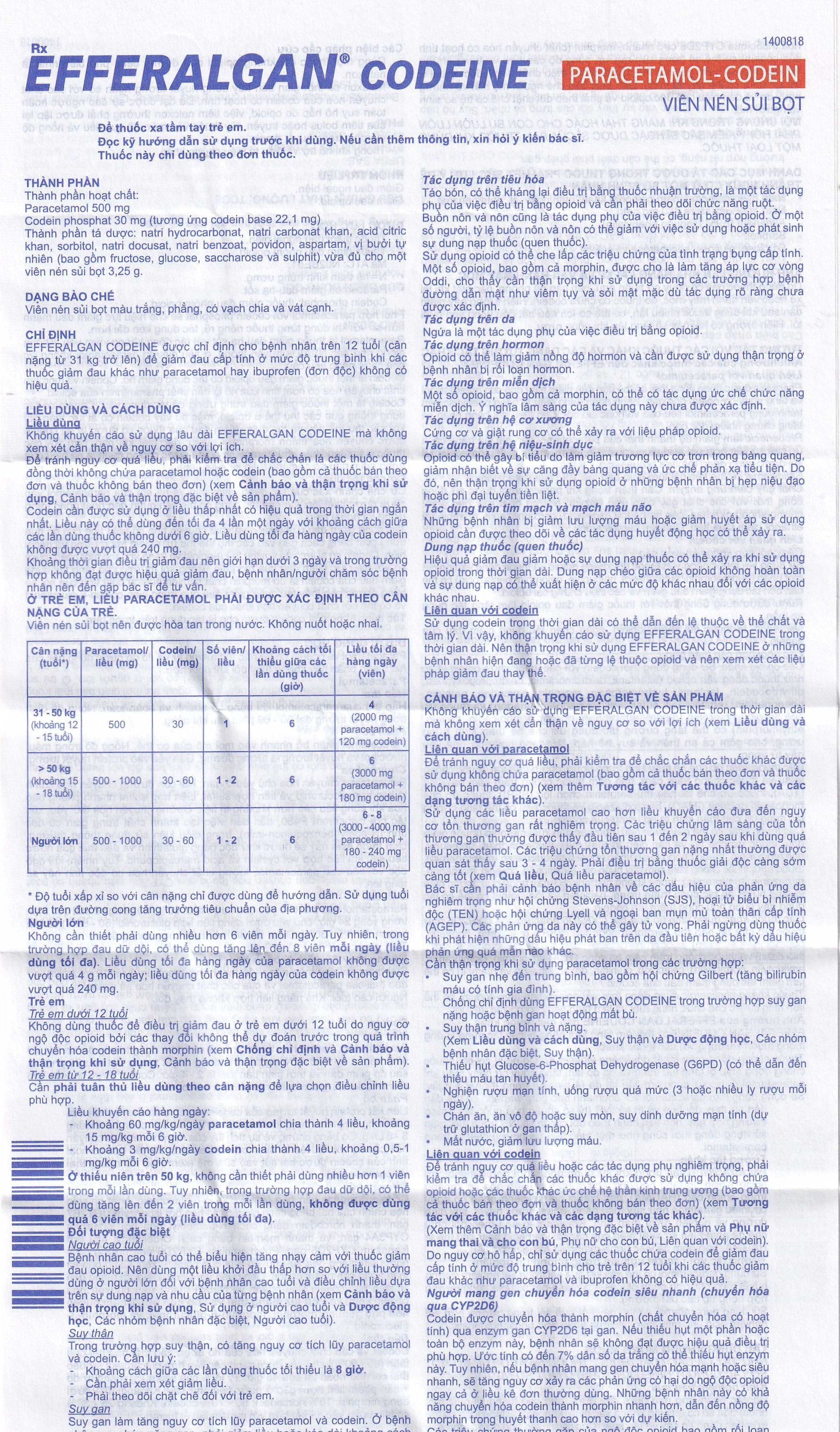 Viên sủi Efferalgan Codeine giảm đau cấp tính mức độ trung bình (10 vỉ x 4 viên)