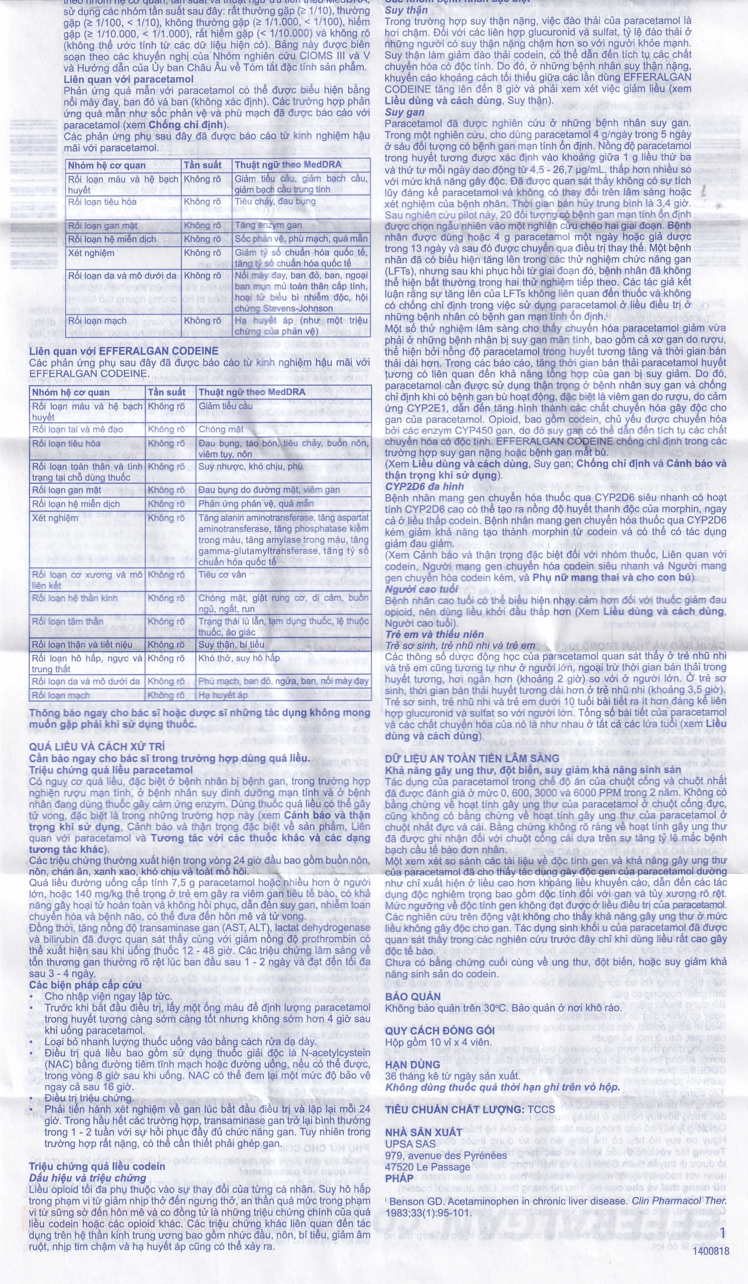 Viên sủi Efferalgan Codeine giảm đau cấp tính mức độ trung bình (10 vỉ x 4 viên)