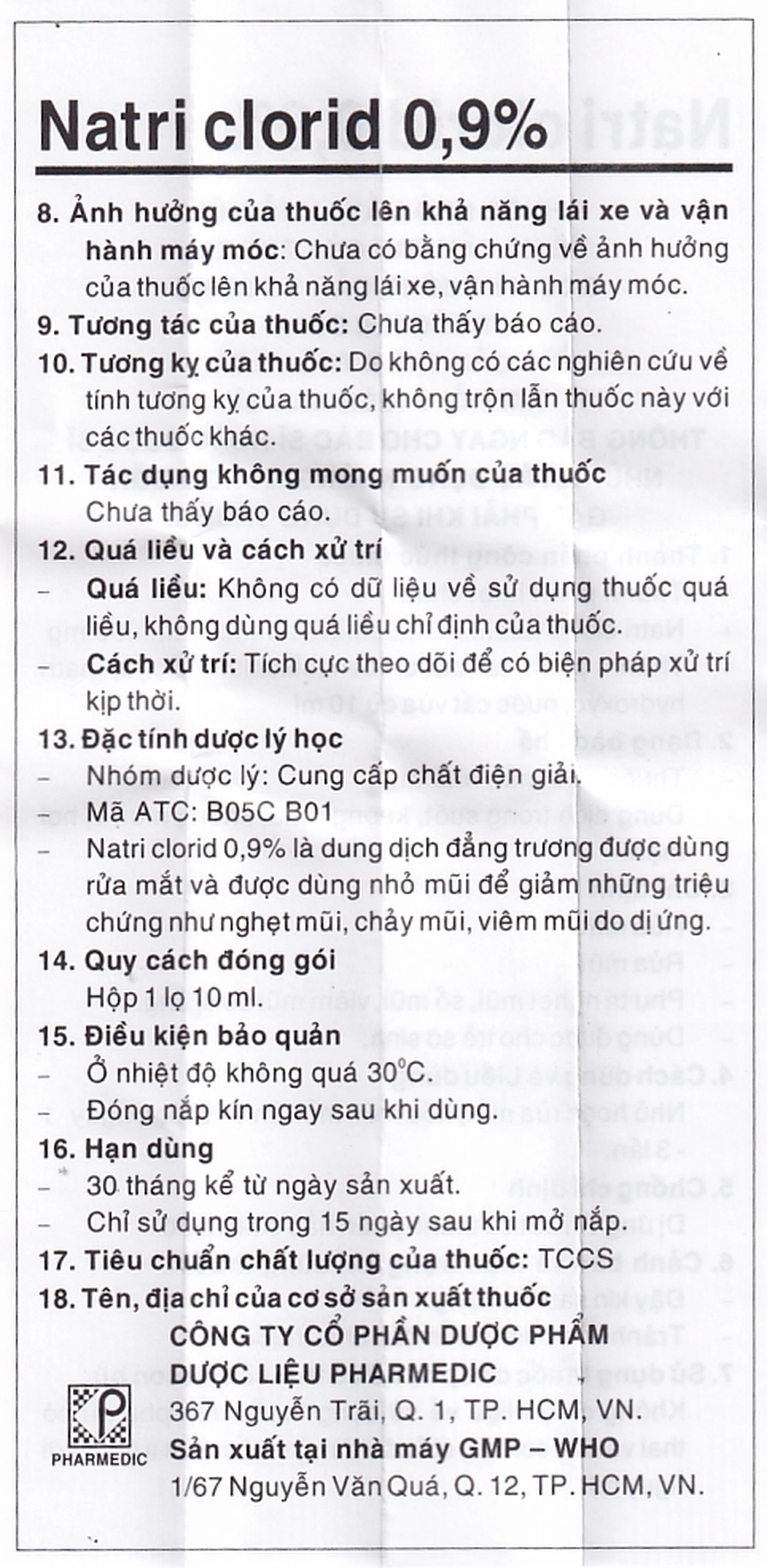 Thuốc Efticol Natri Clorid 0.9% Dược 3-2 dùng trong trường hợp rửa mắt, mũi (10ml)