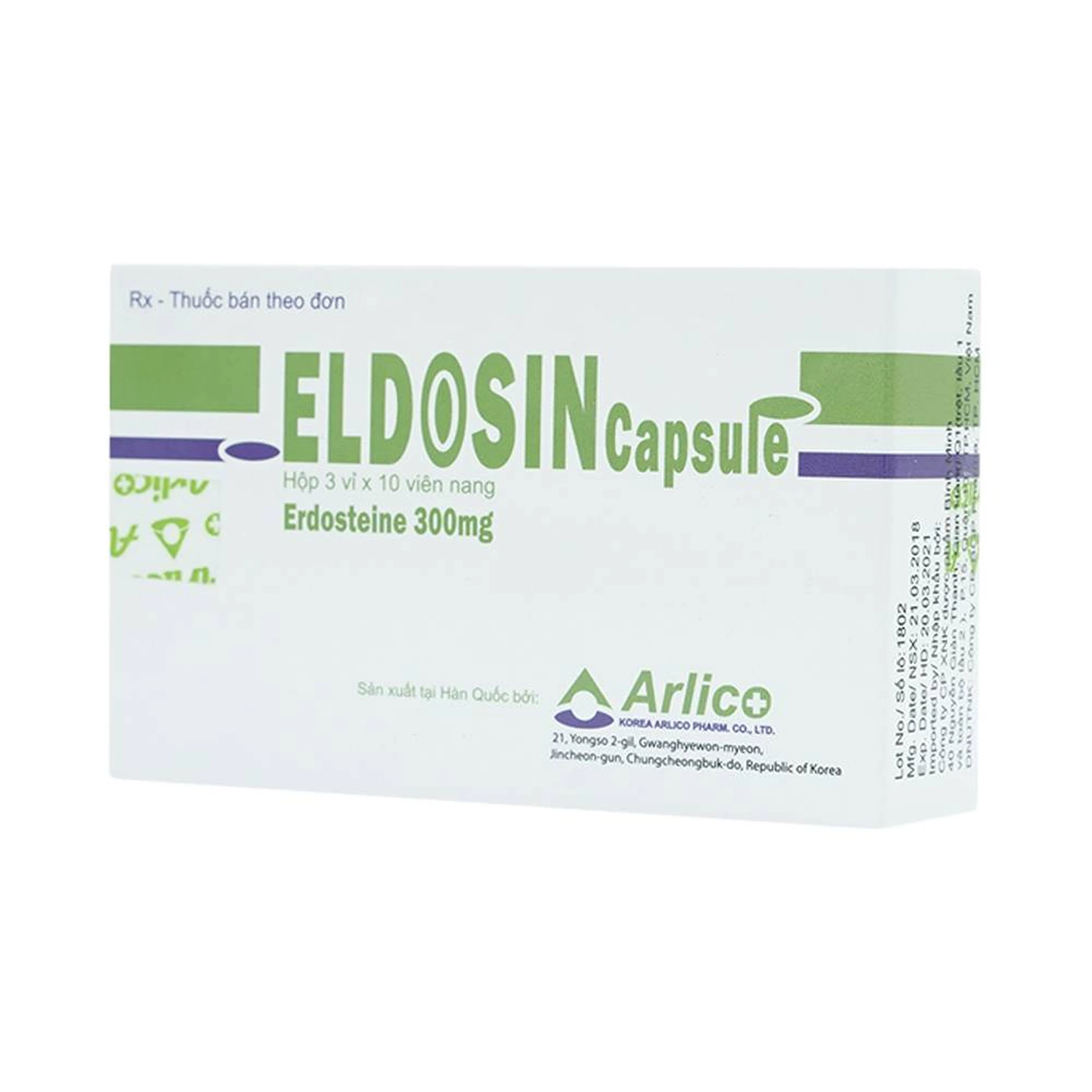 Thuốc Eldosin Capsule Arlico loãng đờm trong bệnh hô hấp cấp và mạn tính (3 vỉ x 10 viên)