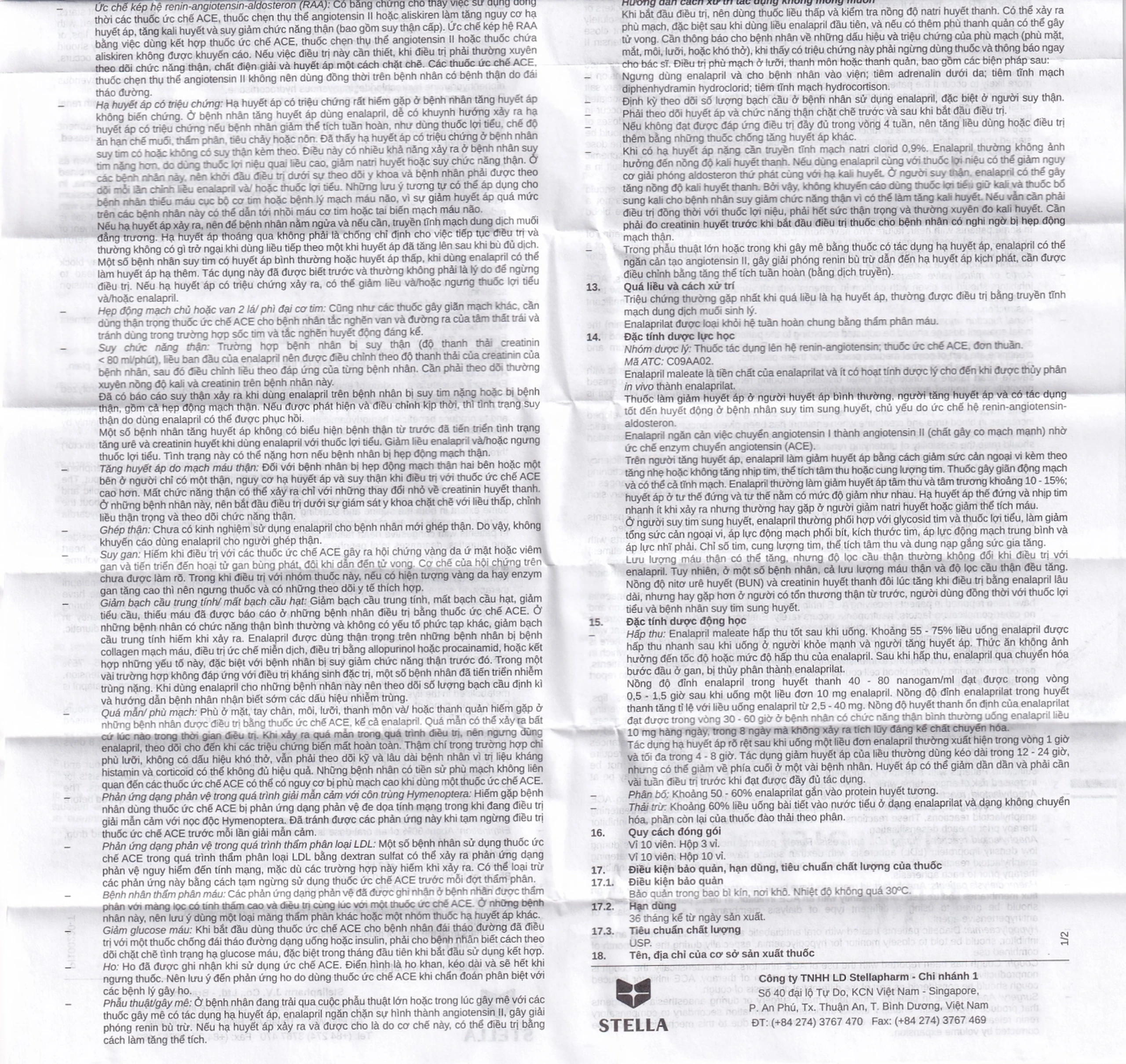 Thuốc Enalapril Stella 5mg điều trị tăng huyết áp, suy tim sung huyết (3 vỉ x 10 viên)