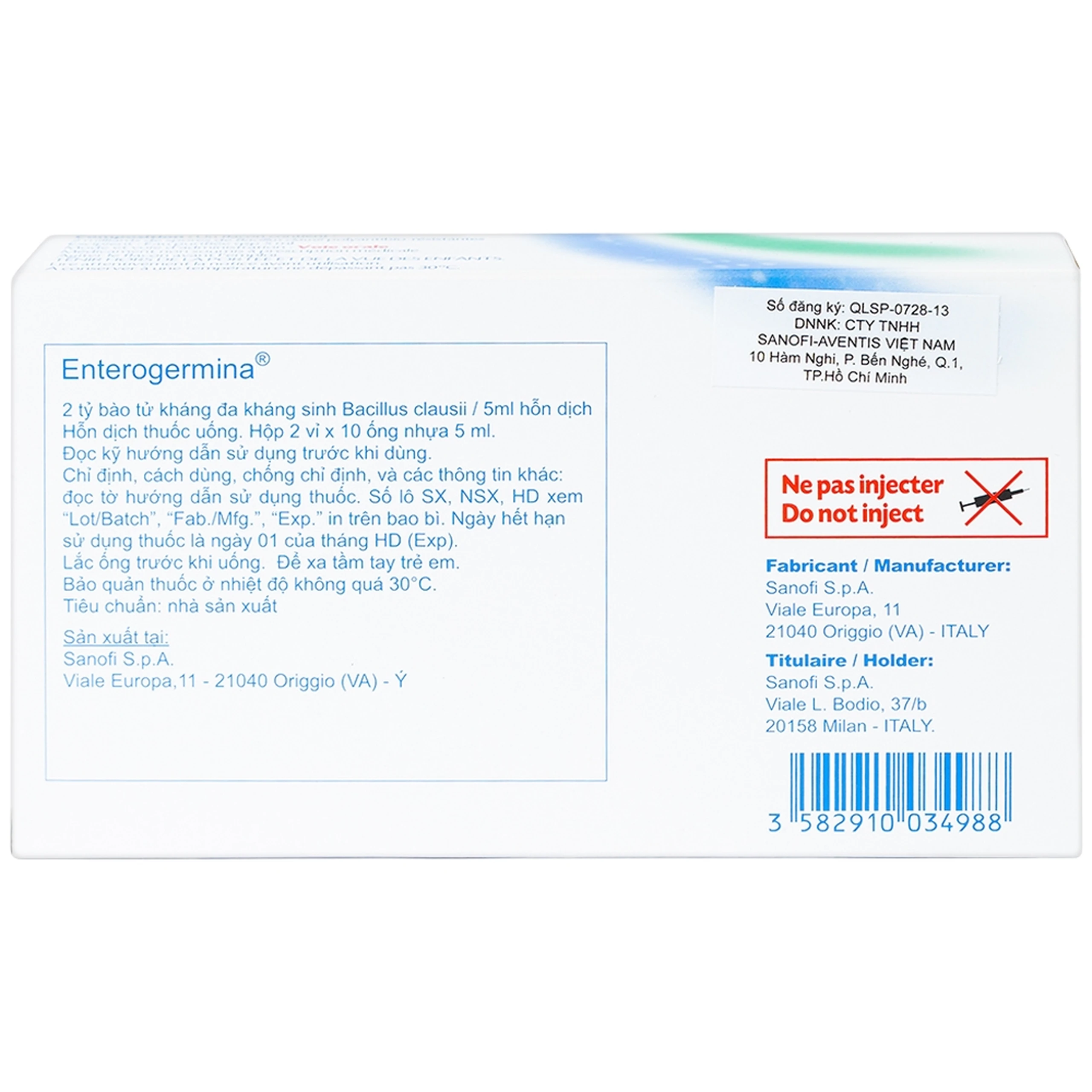 Hỗn dịch uống men vi sinh Enterogermina 2 tỷ/5ml điều trị rối loạn tiêu hóa (2 vỉ x 10 ống)