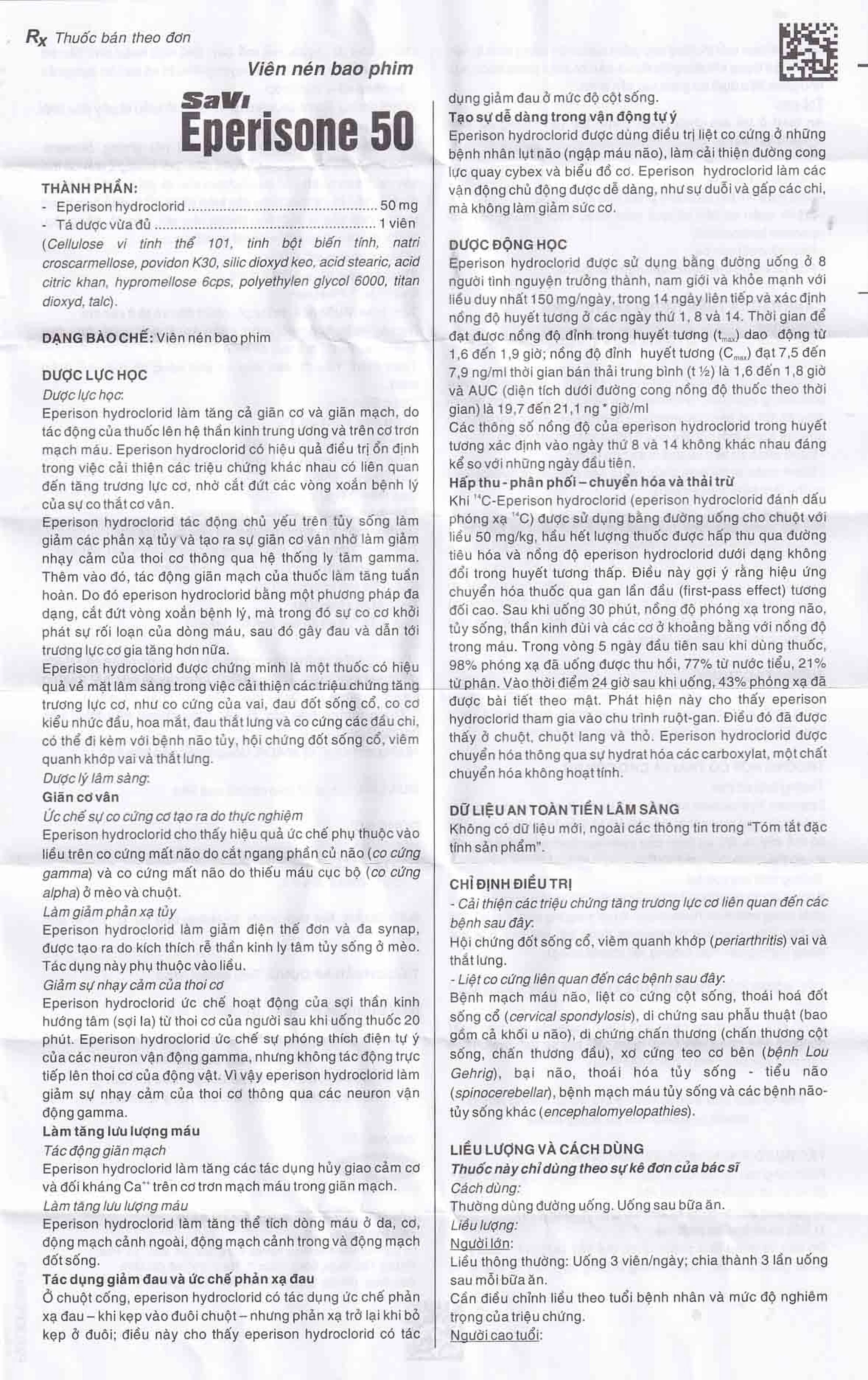 Thuốc Eperisone 50 cải thiện các triệu chứng tăng trương lực cơ (5 vỉ x 10 viên)