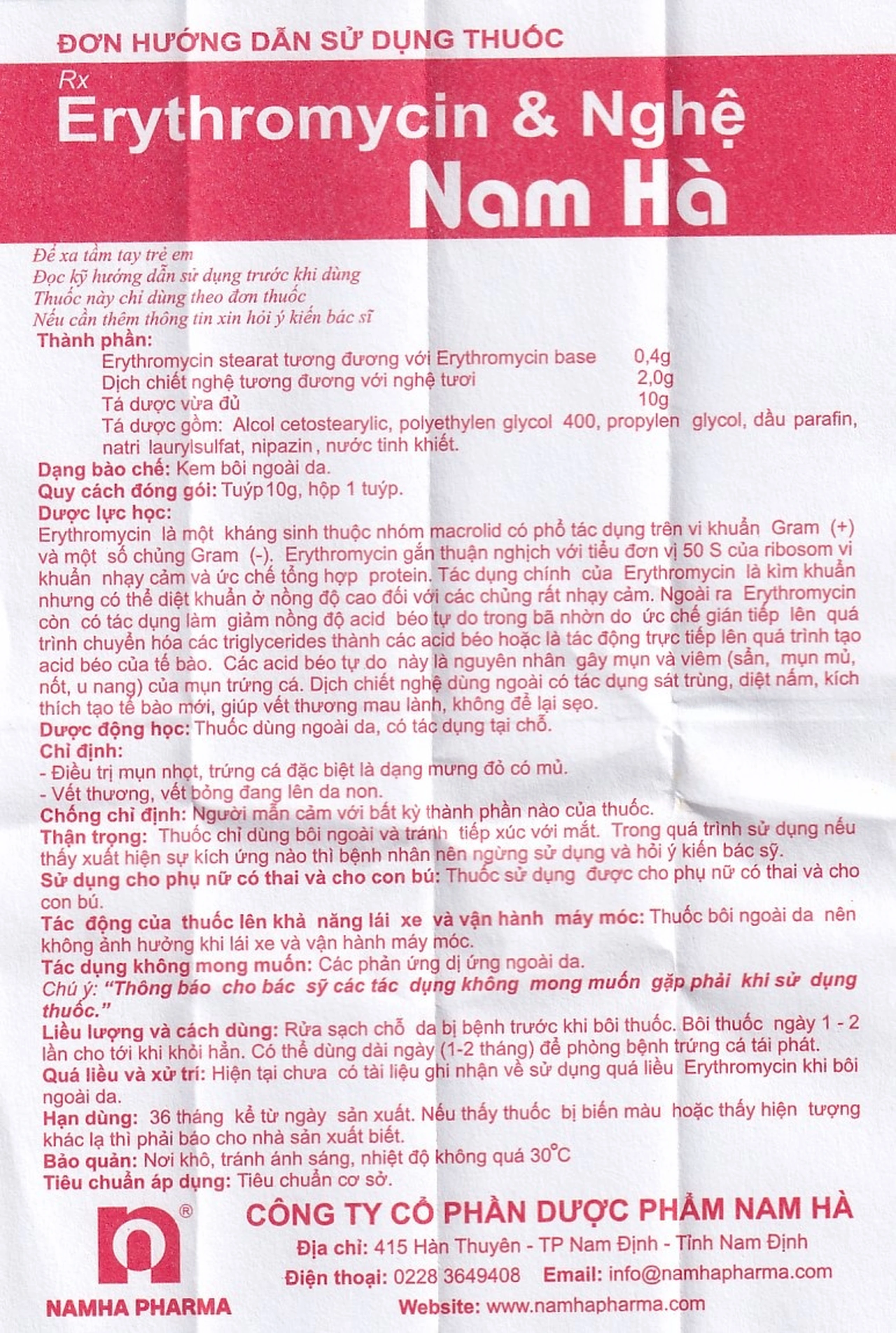 Kem bôi da Erythromycin & Nghệ Nam Hà điều trị mụn nhọt, trứng cá (10g)