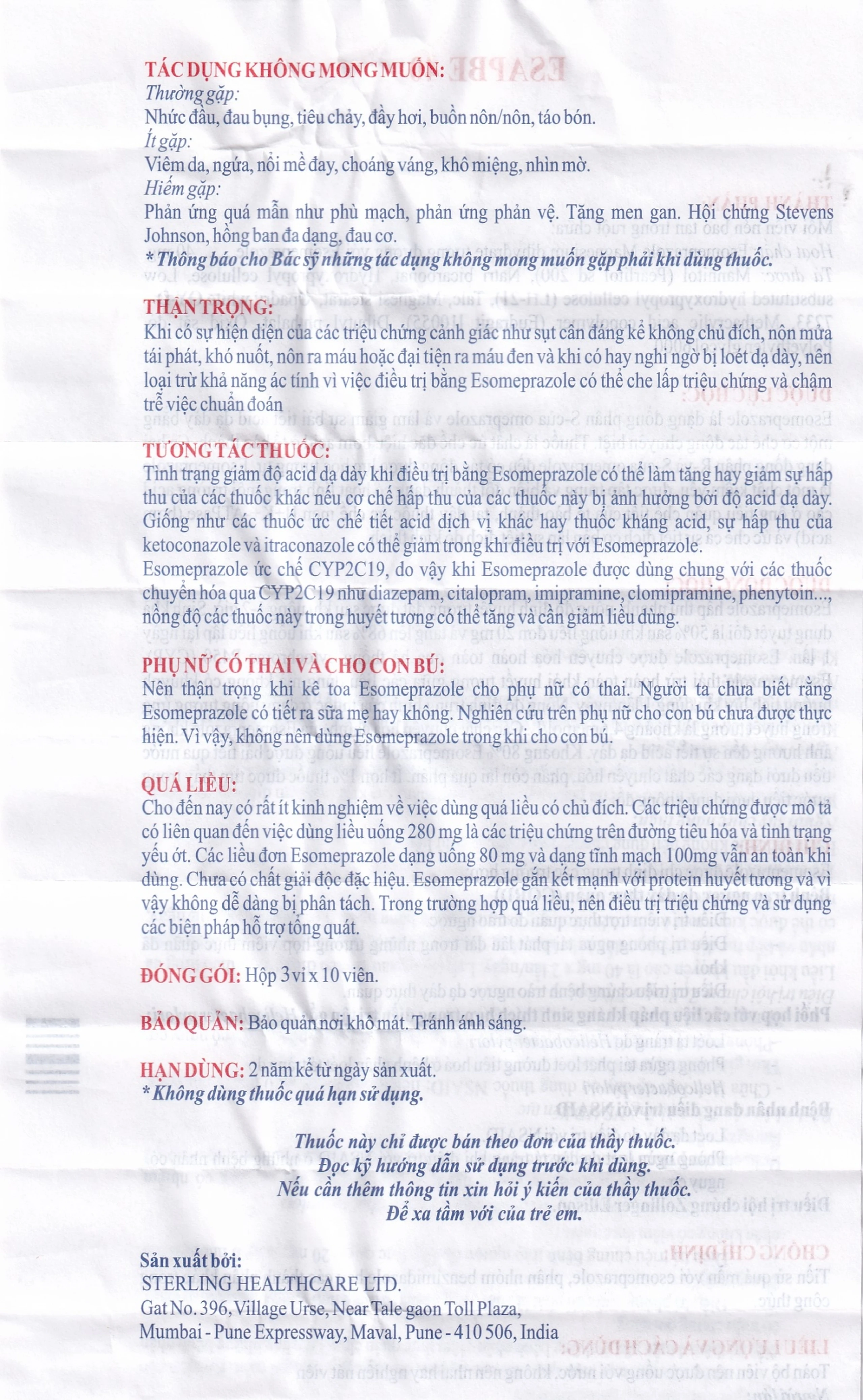Thuốc Esapbe 40 Sterling Healthcare điều trị trào ngược dạ dày thực quản (3 vỉ x 10 viên)