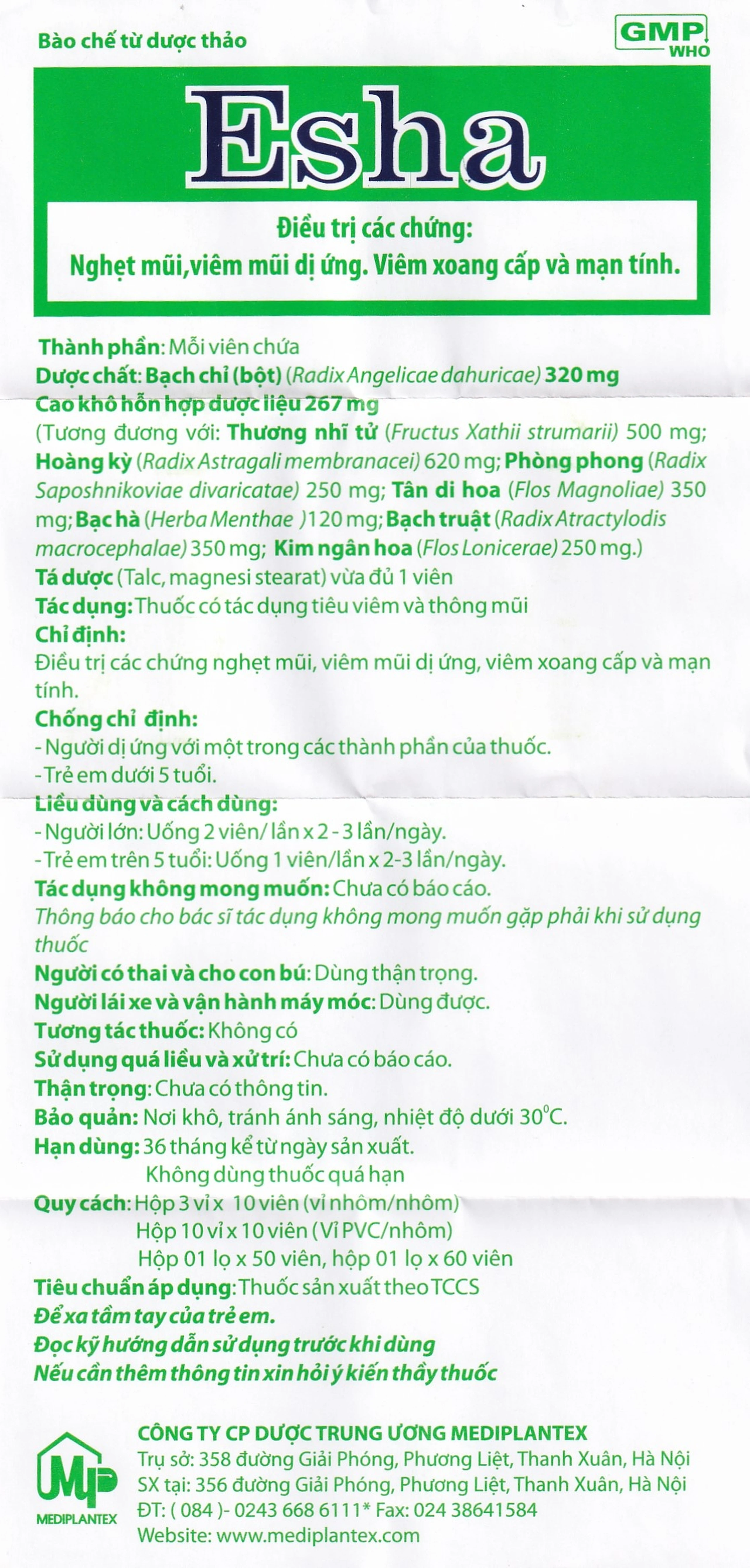 Thuốc Esha điều trị chứng nghẹt mũi, viêm mũi dị ứng, viêm xoang cấp và mạn tính (50 viên)