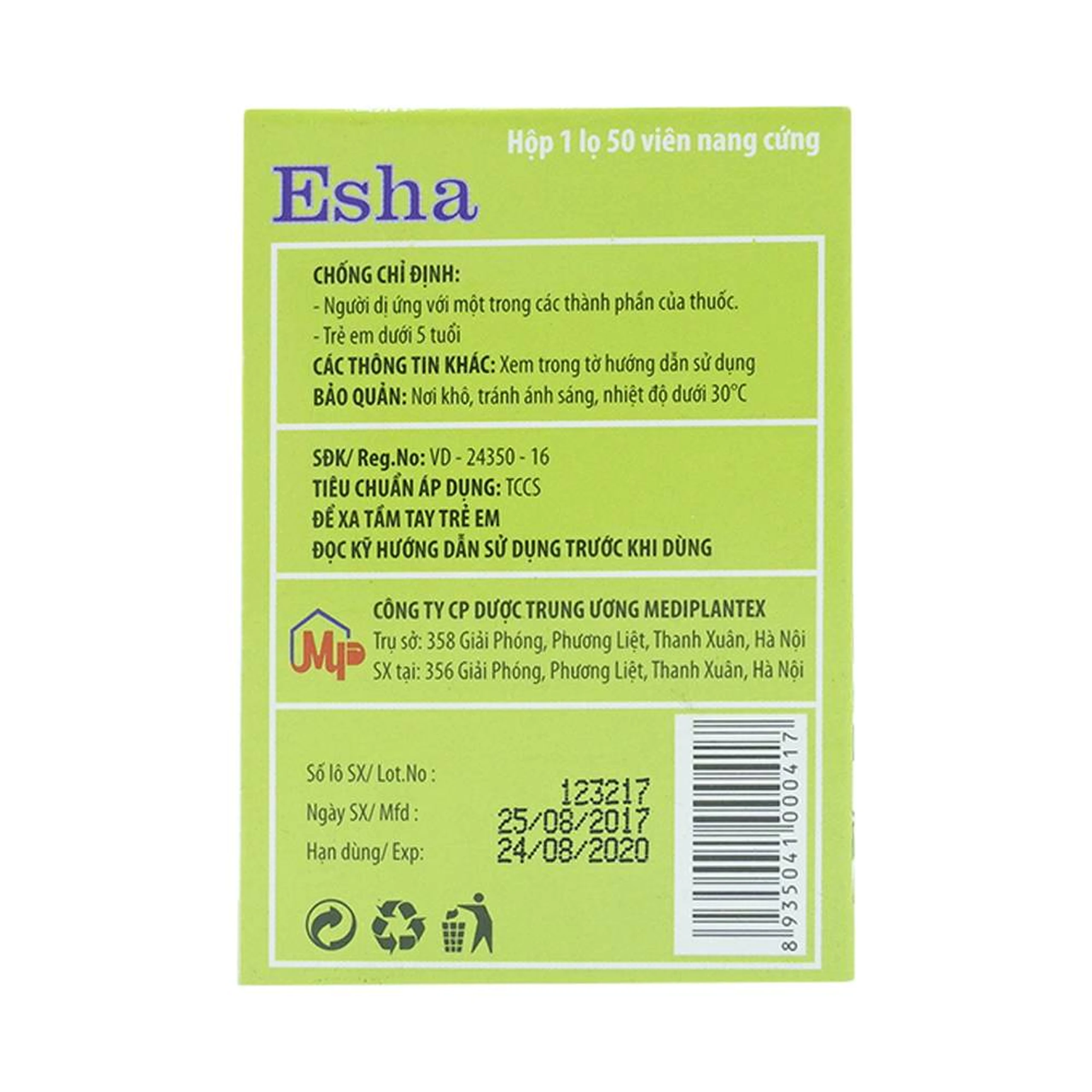 Thuốc Esha điều trị chứng nghẹt mũi, viêm mũi dị ứng, viêm xoang cấp và mạn tính (50 viên)