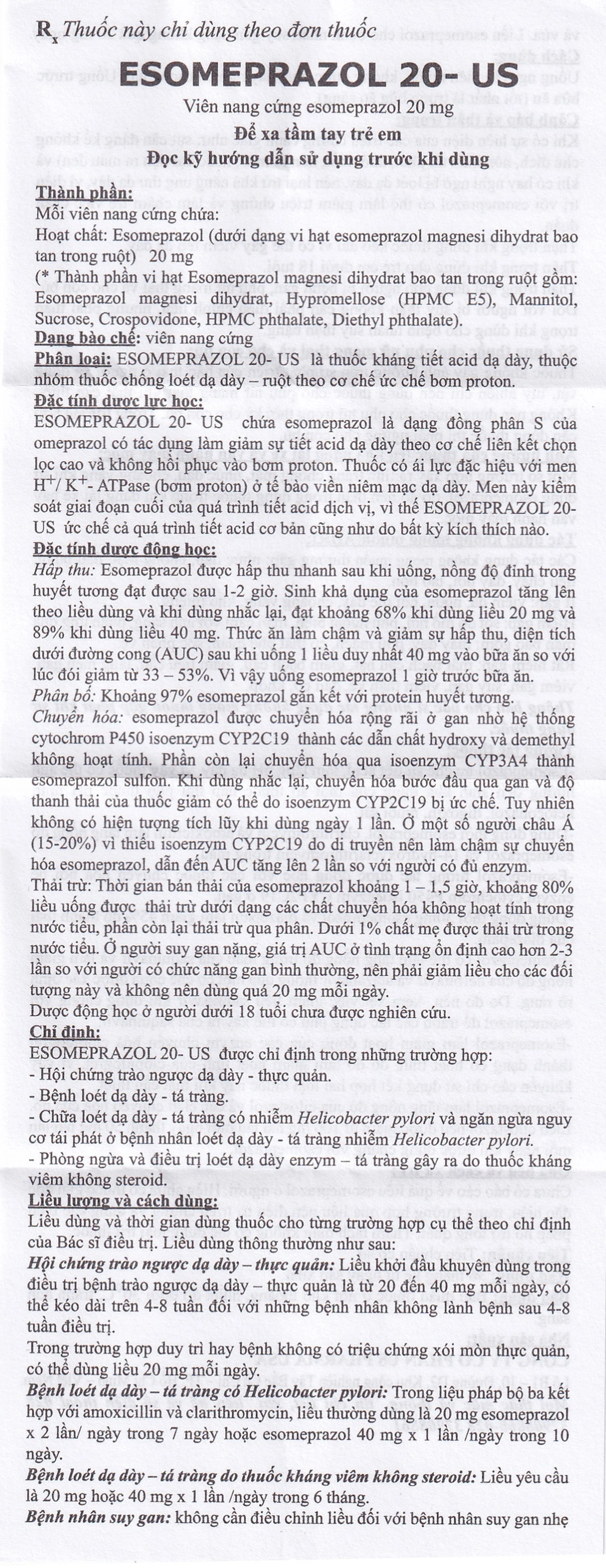 Thuốc Esomeprazol 20-US điều trị trào ngược dạ dày (3 vỉ x 10 viên)