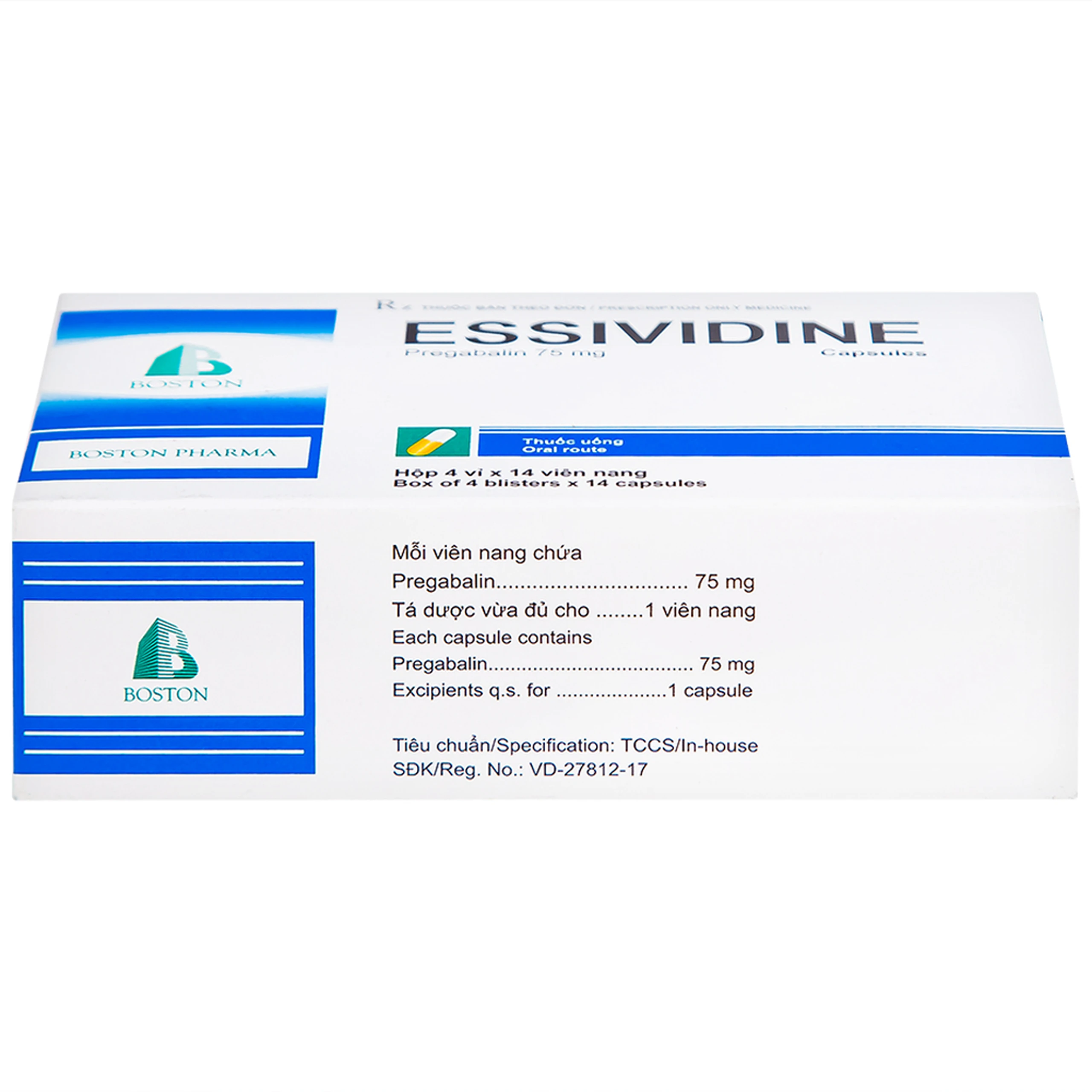 Thuốc Essividine Boston điều trị động kinh và giảm đau do thần kinh (4 vỉ x 14 viên)