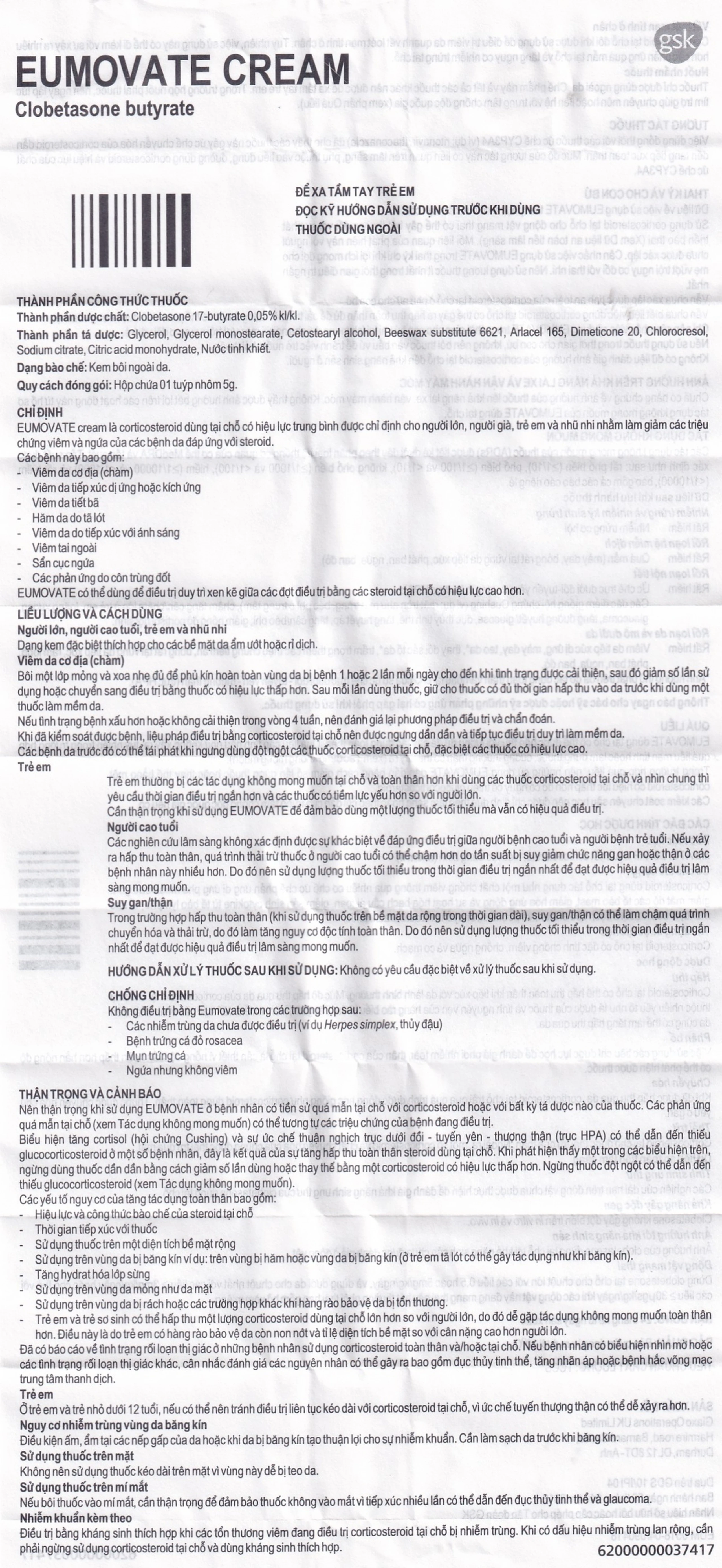 Kem Eumovate Cream GSK giảm các triệu chứng viêm và ngứa các bệnh về da (5g)