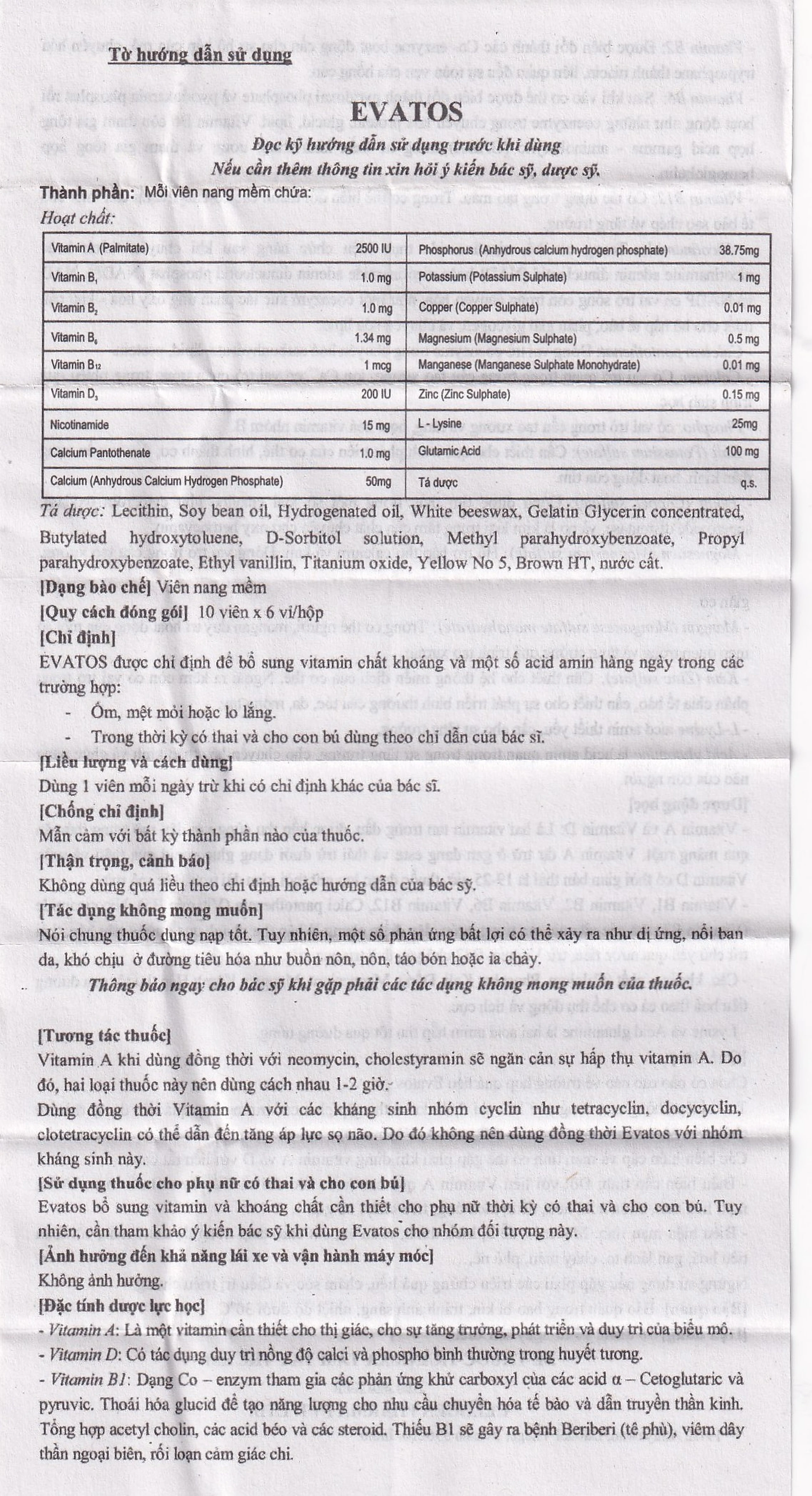 Thuốc Evatos Celogen Pharma bổ sung Vitamin, chất khoáng và một số acid amin (6 vỉ x 10 viên)