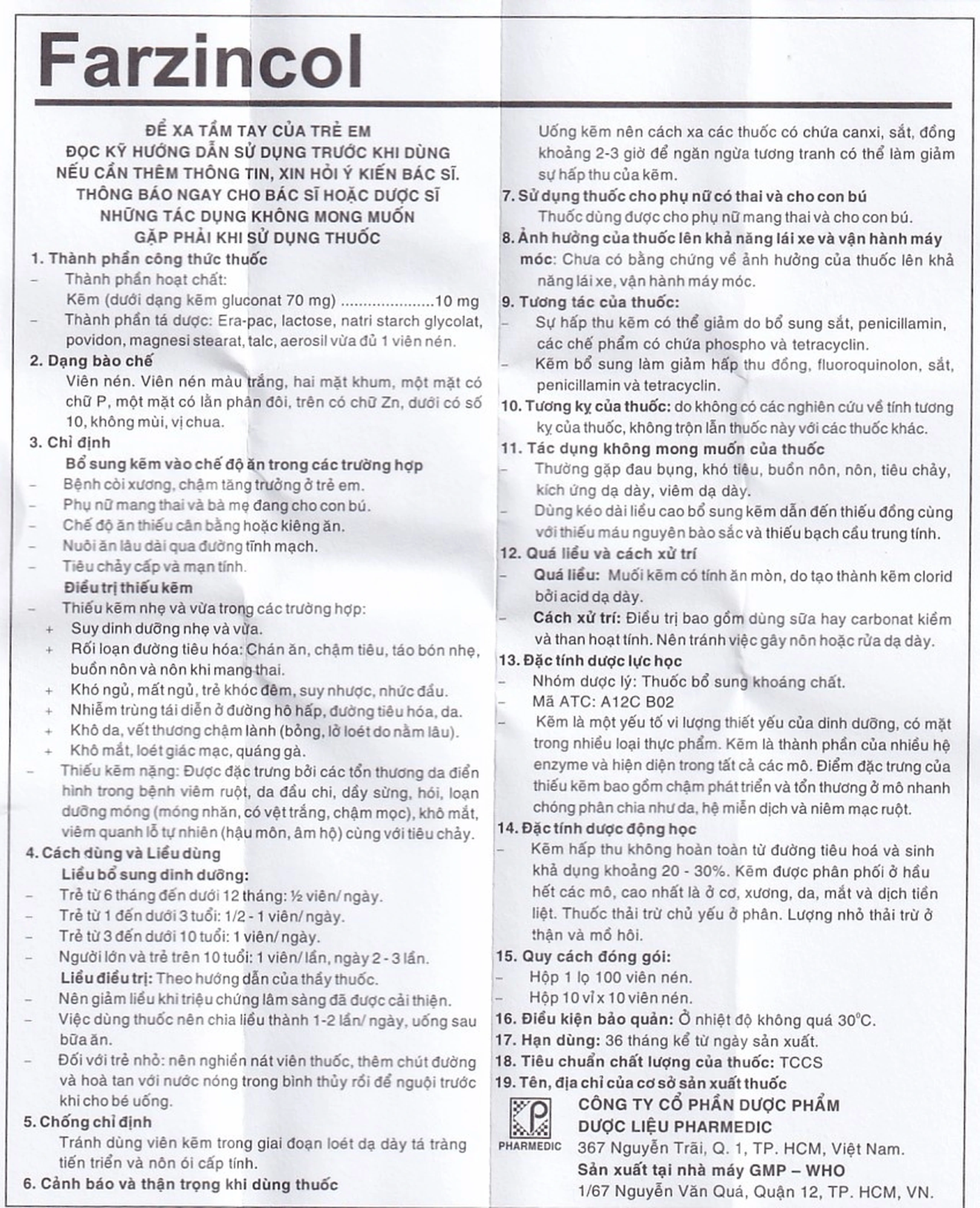 Thuốc Farzincol Pharmedic điều trị thiếu kẽm (10 vỉ x 10 viên)