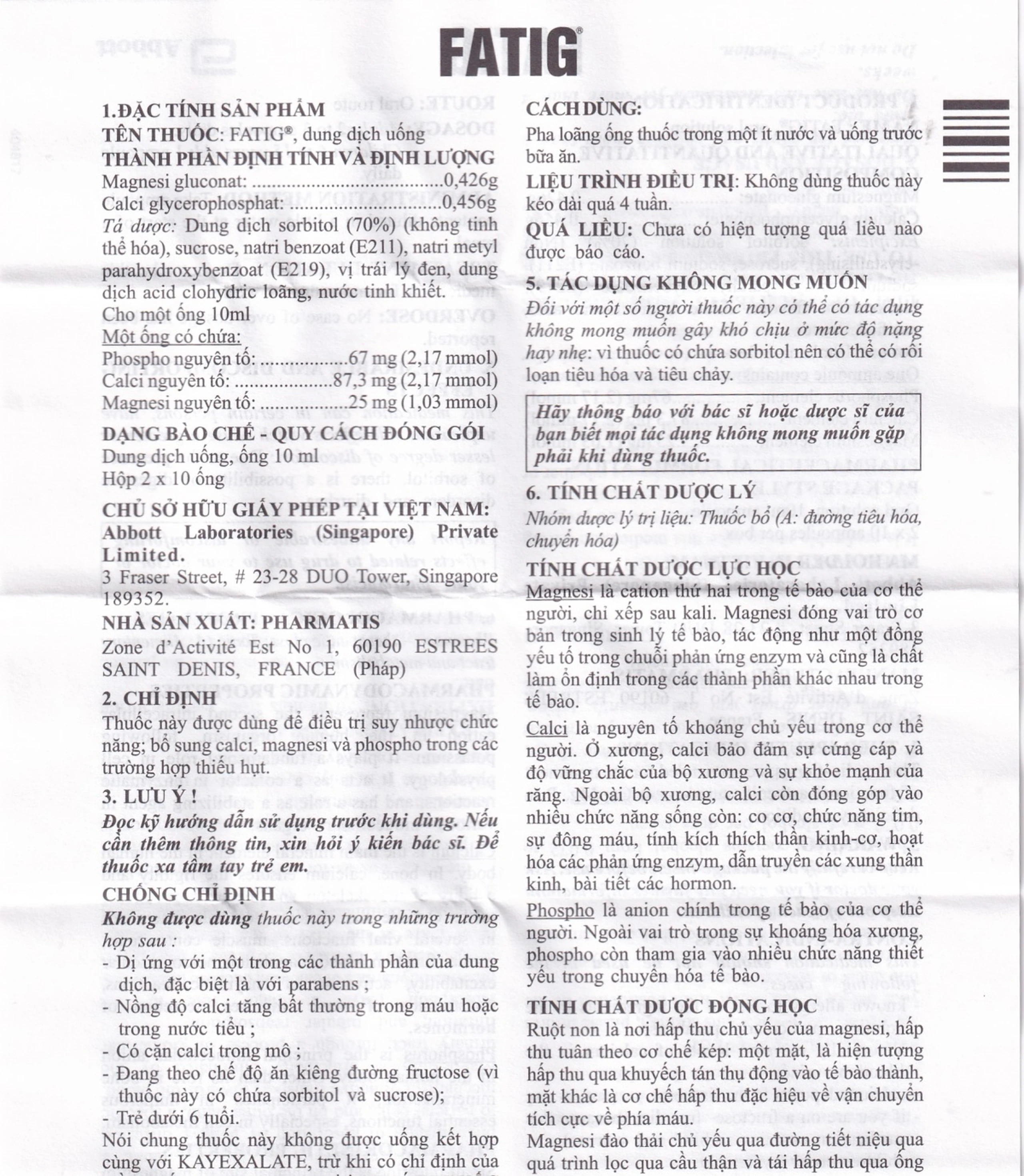 Dung dịch uống Fatig Abbott hỗ trợ điều trị suy nhược chức năng, bổ sung khoáng chất (2 vỉ x 10 ống)