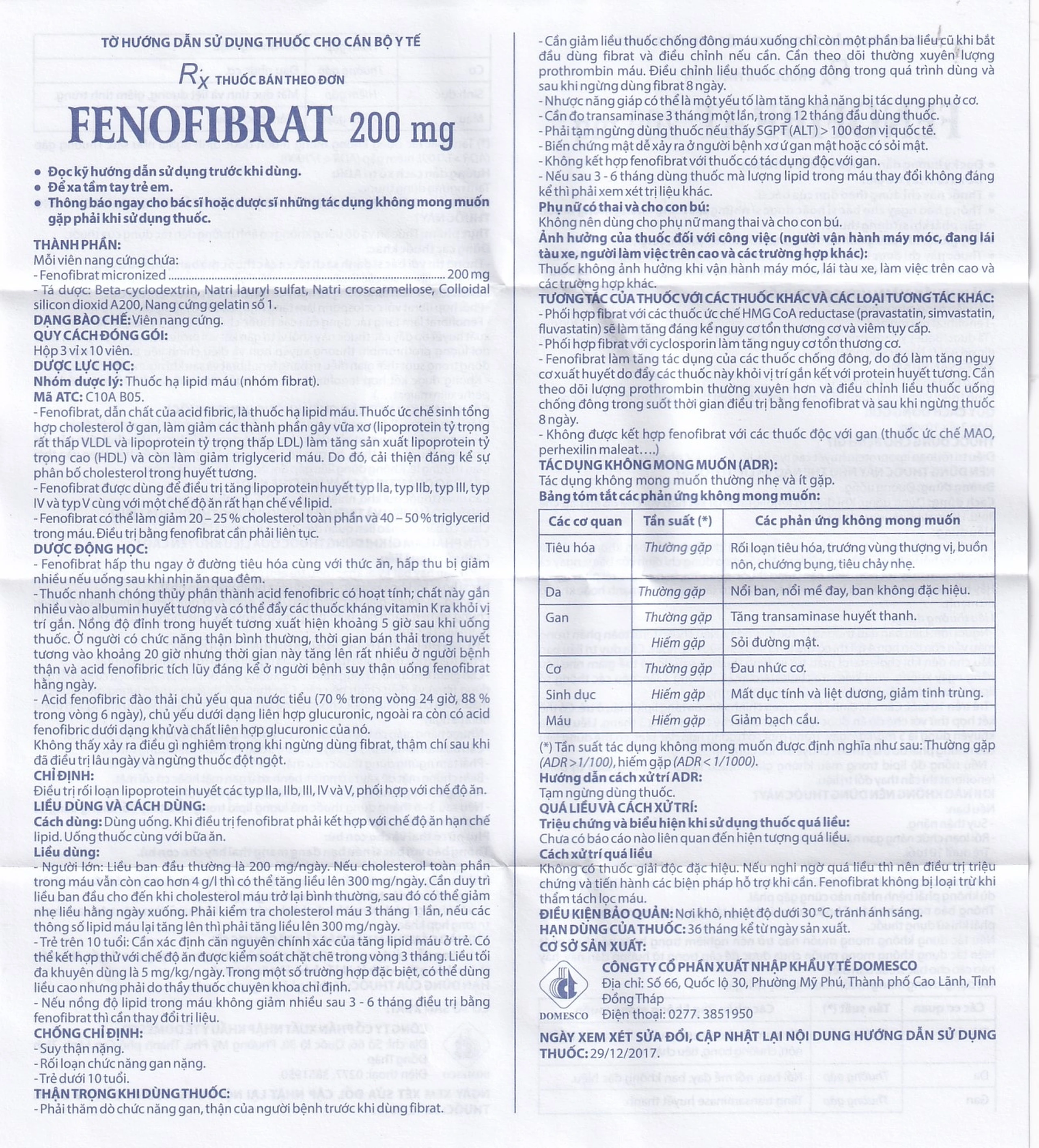 Thuốc Fenofibrate 200mg Domesco điều trị rối loạn lipoprotein huyết (3 vỉ x 10 viên)