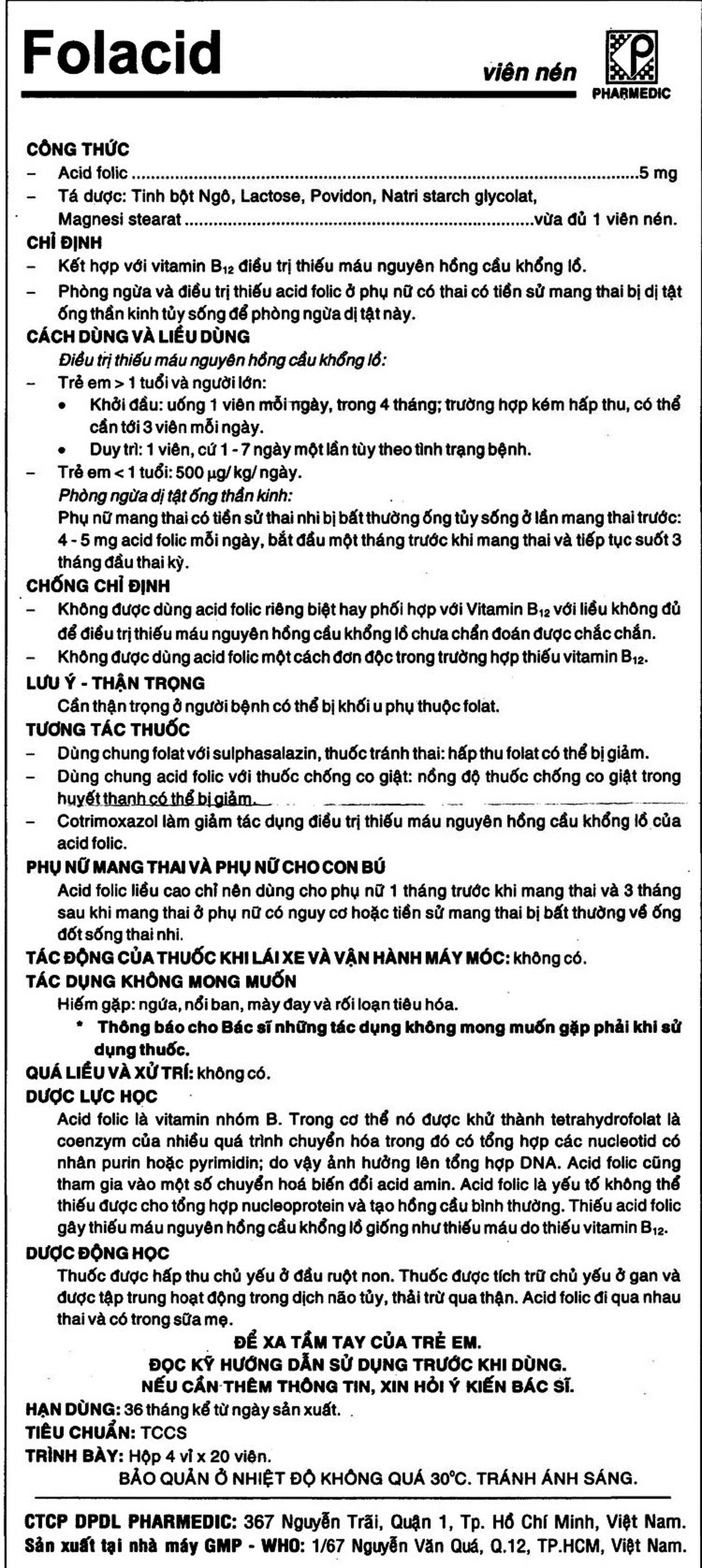 Thuốc Folacid Pharmedic điều trị thiếu máu nguyên hồng cầu khổng lồ (4 vỉ x 20 viên)