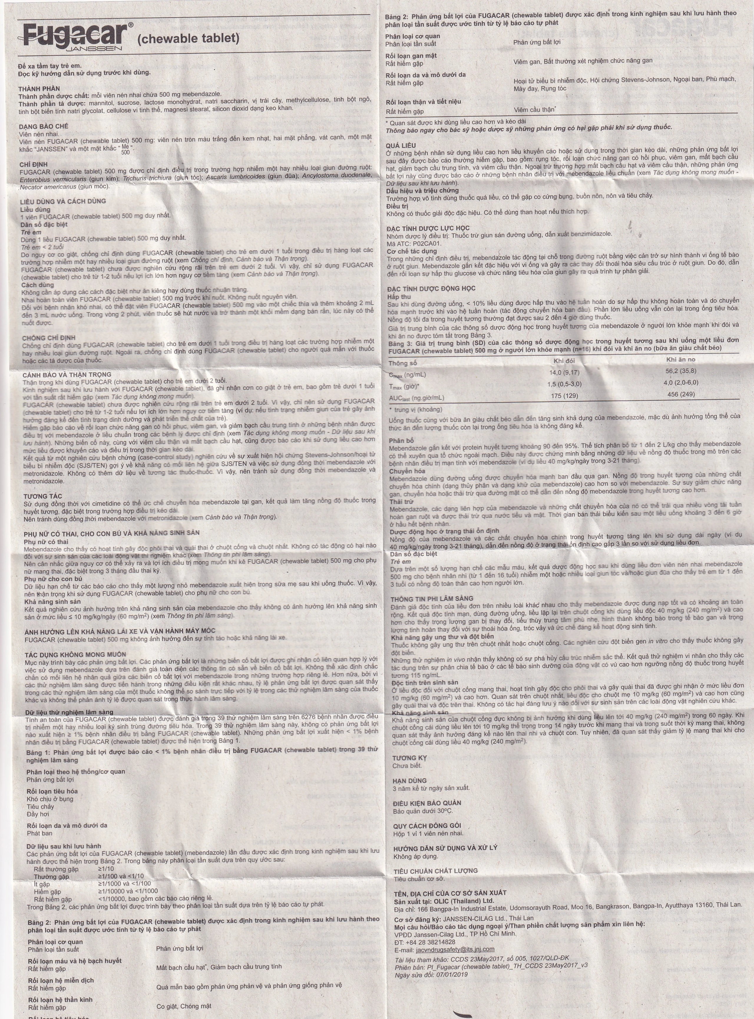 Thuốc Fugacar Janssen hương trái cây điều trị nhiễm một hay nhiều loại giun đường ruột (1 viên)