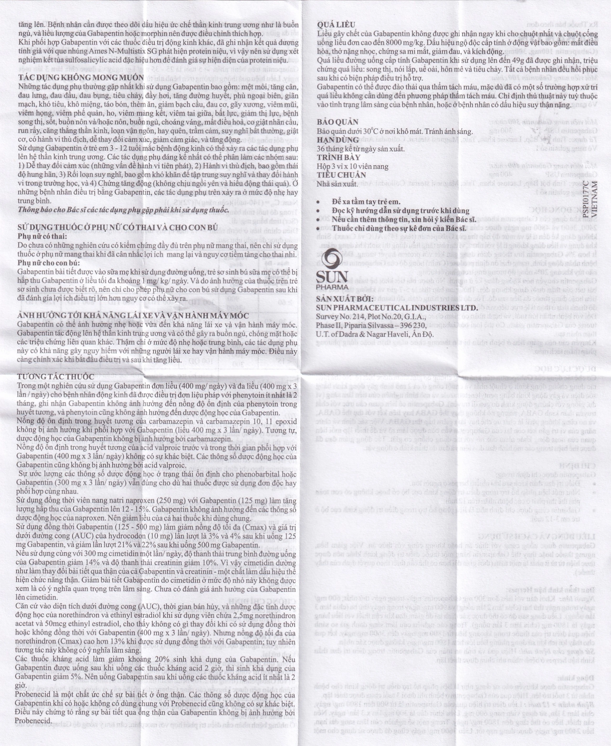 Thuốc Gabantin 300 Sun Pharma điều trị đau thần kinh sau khi nhiễm herpes (3 vỉ x 10 viên)