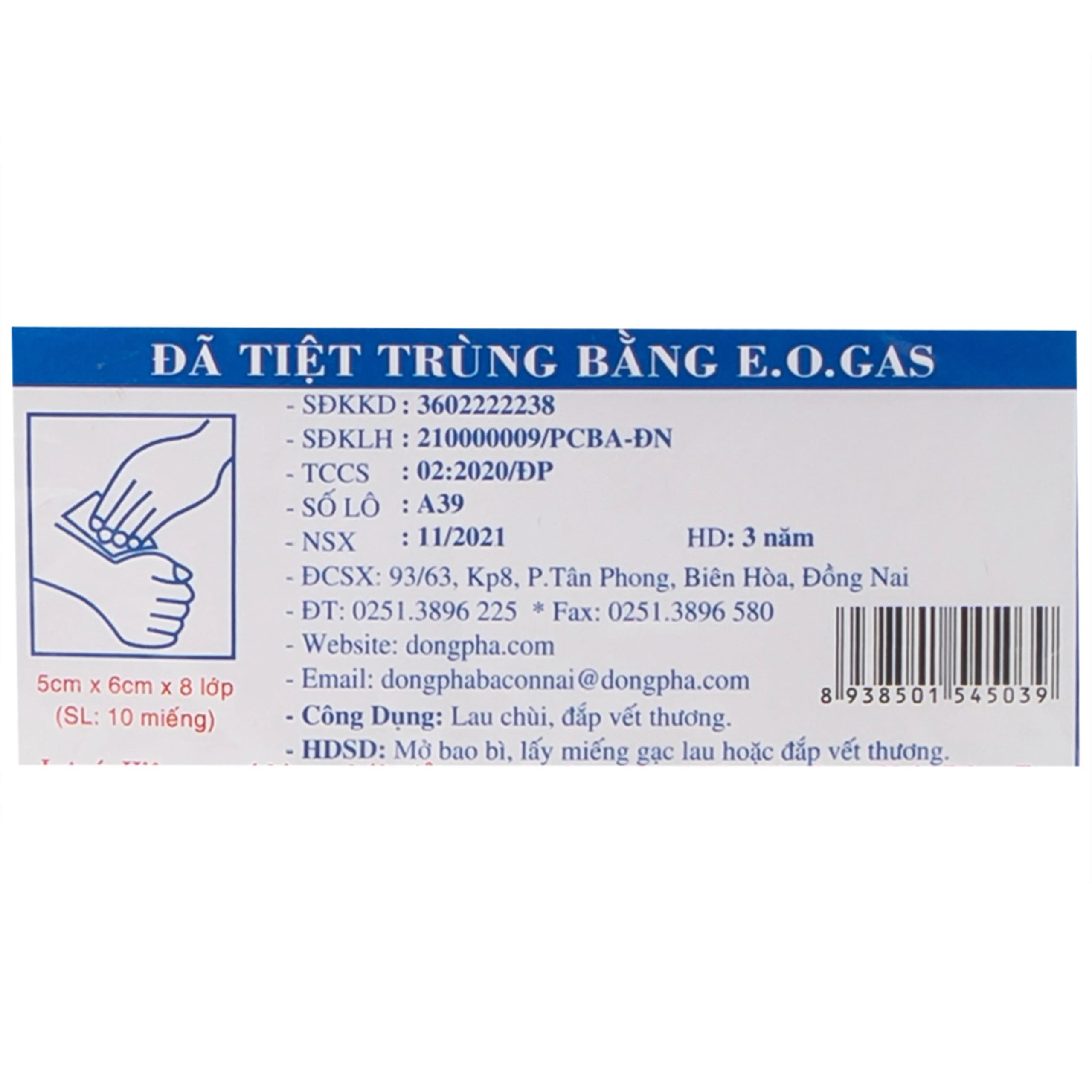 Gạc tiệt trùng Đông Pha nhỏ 5x6x8cm (10 miếng) sơ cứu vết thương, thấm máu và dịch tiết