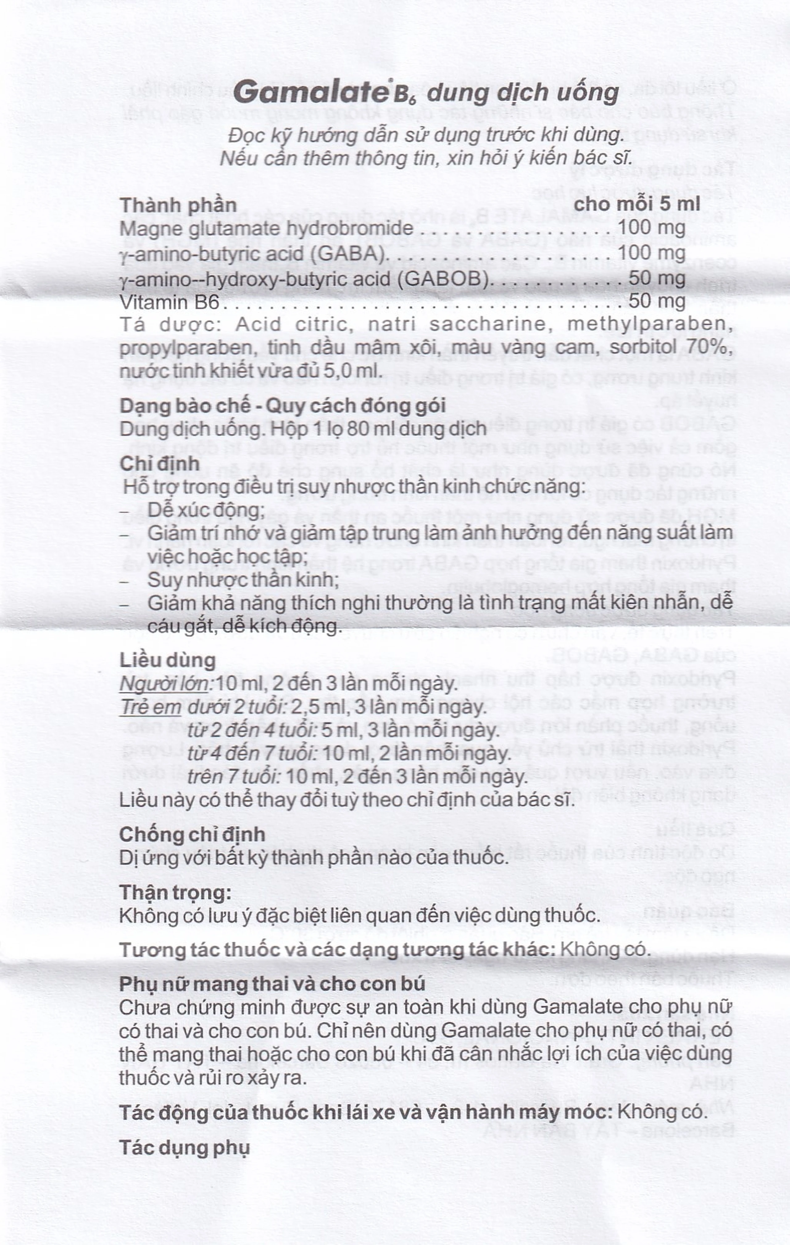 Dung dịch Gamalate B6 điều trị suy nhược thần kinh (80ml)