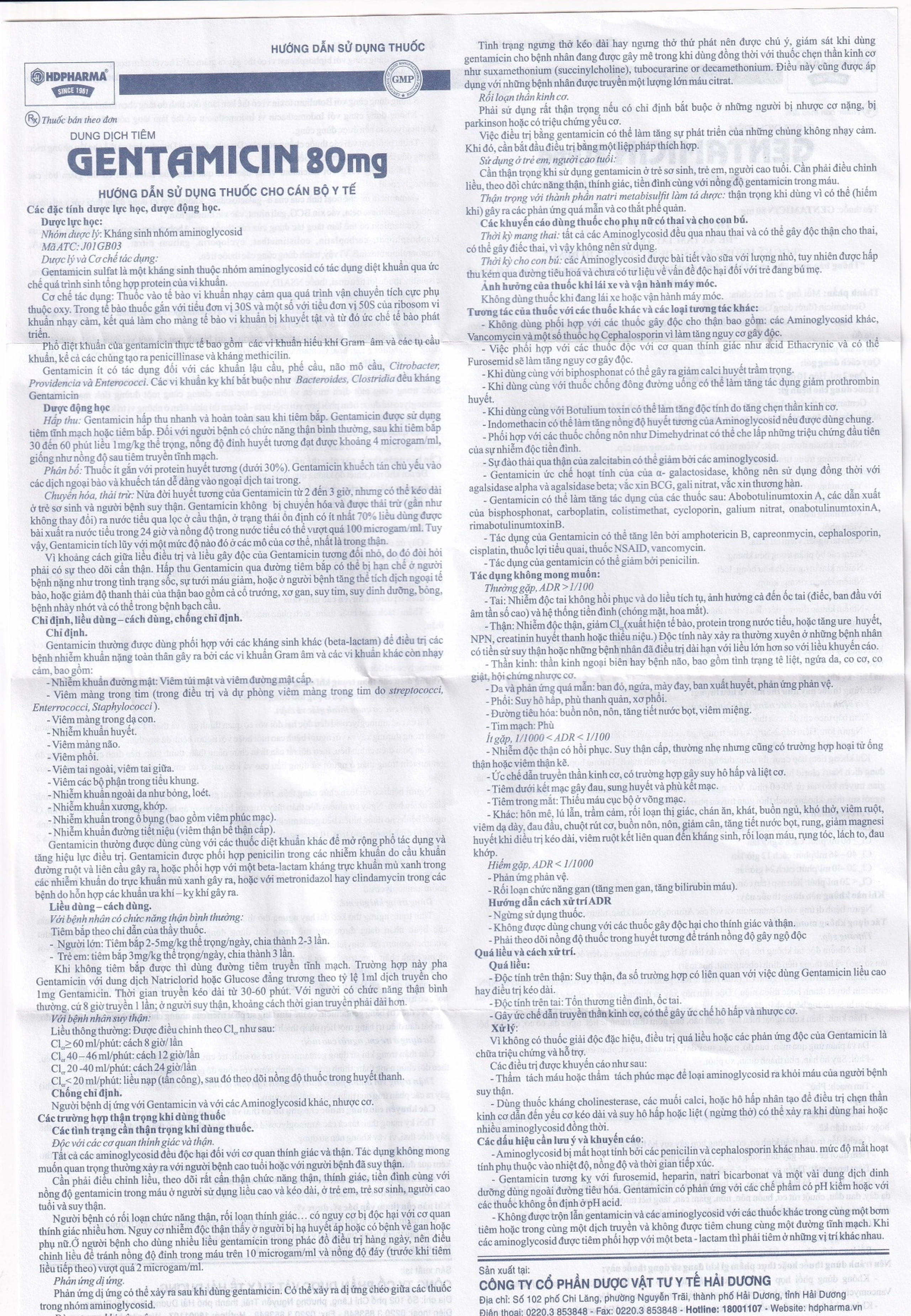 Dung dịch tiêm Gentamicin 80mg HDPharma điều trị nhiễm khuẩn nặng (10 ống x 2ml)