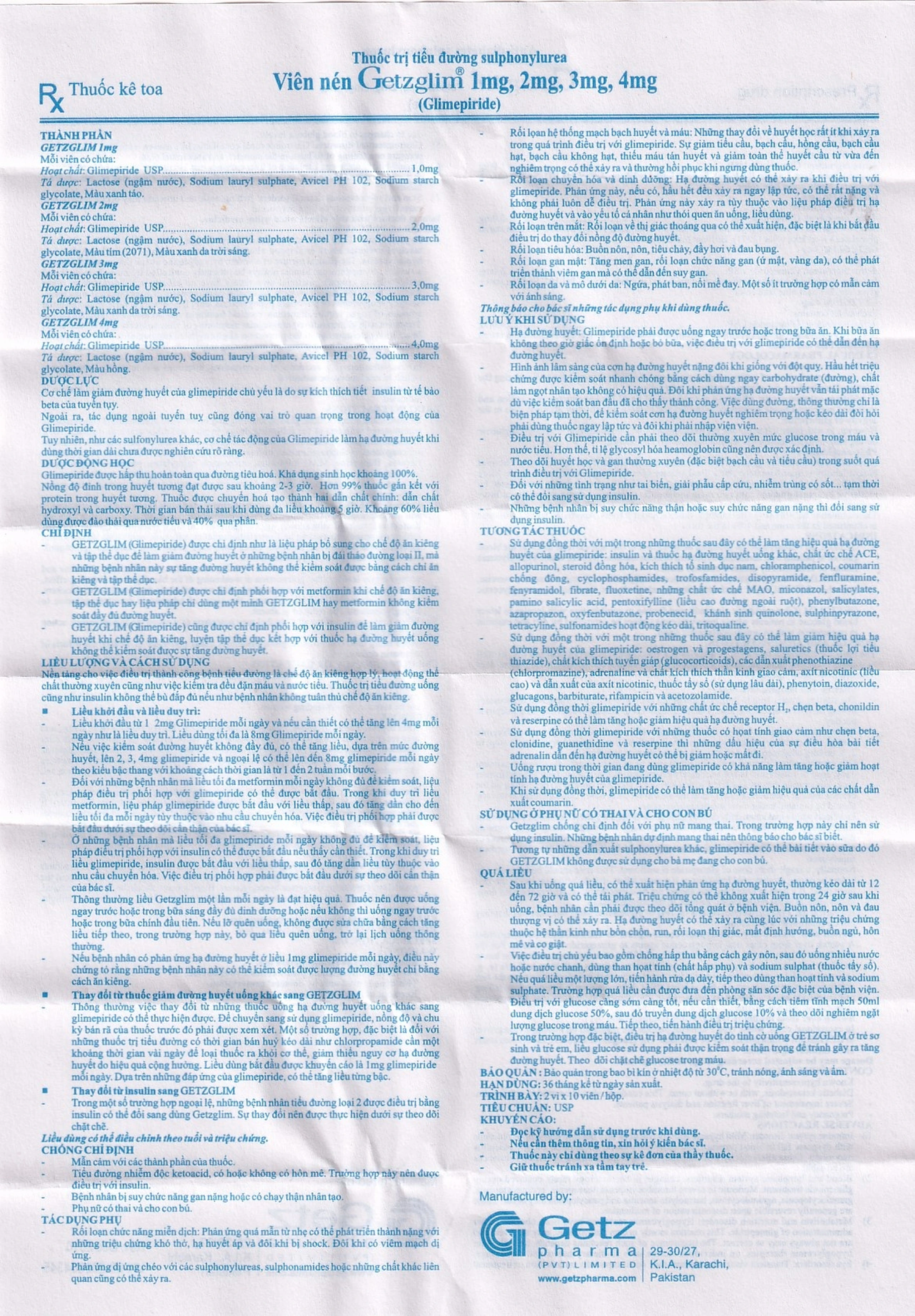 Thuốc Getzglim 2mg Getz điều trị đái tháo đường típ 2 (2 vỉ x 10 viên)