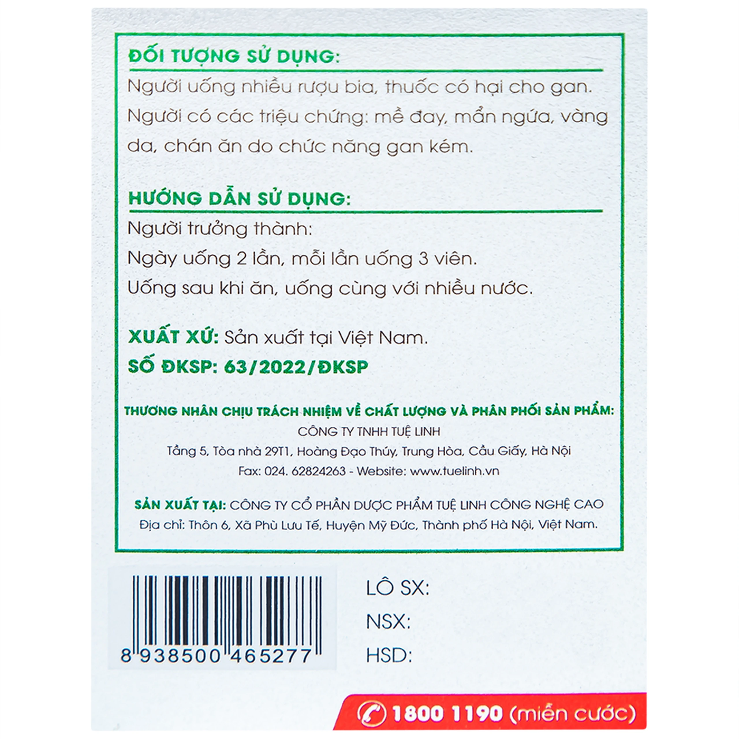 Viên uống Tuệ Linh hỗ trợ giải độc gan, bảo vệ gan (60 viên)