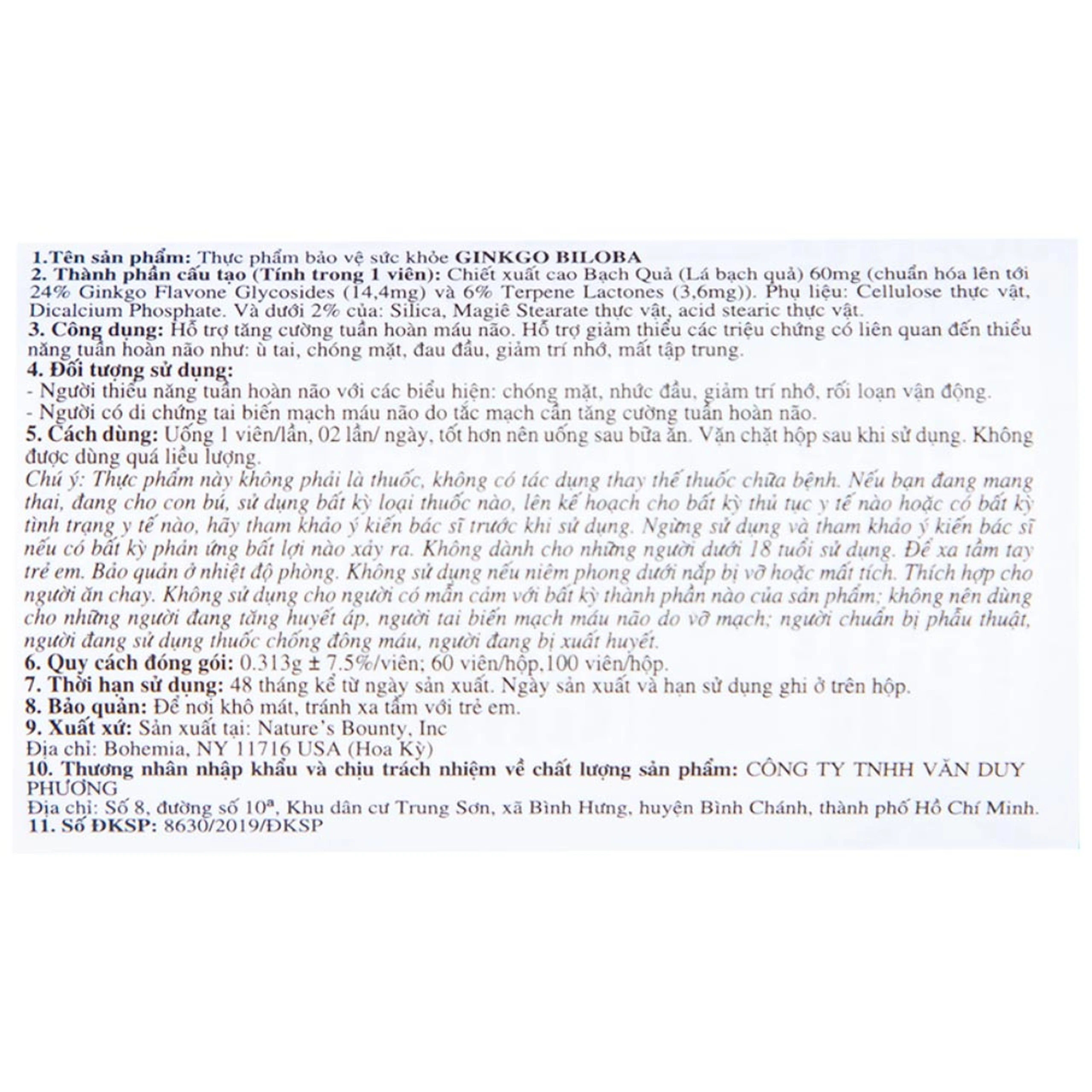 Viên uống hỗ trợ tăng cường tuần hoàn não Ginkgo Biloba 60mg Nature's Bounty (60 viên)