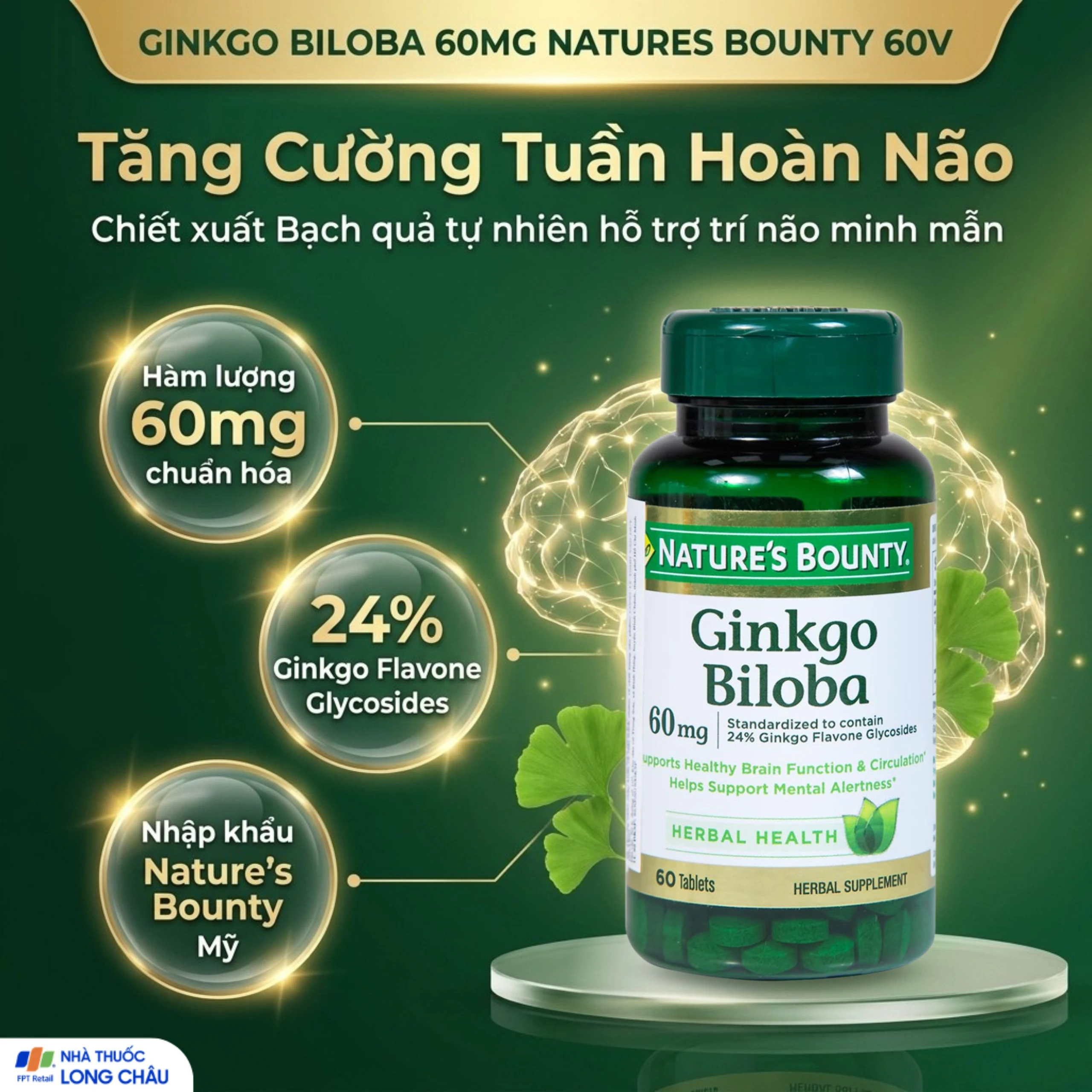 Viên uống hỗ trợ tăng cường tuần hoàn não Ginkgo Biloba 60mg Nature's Bounty (60 viên) 2