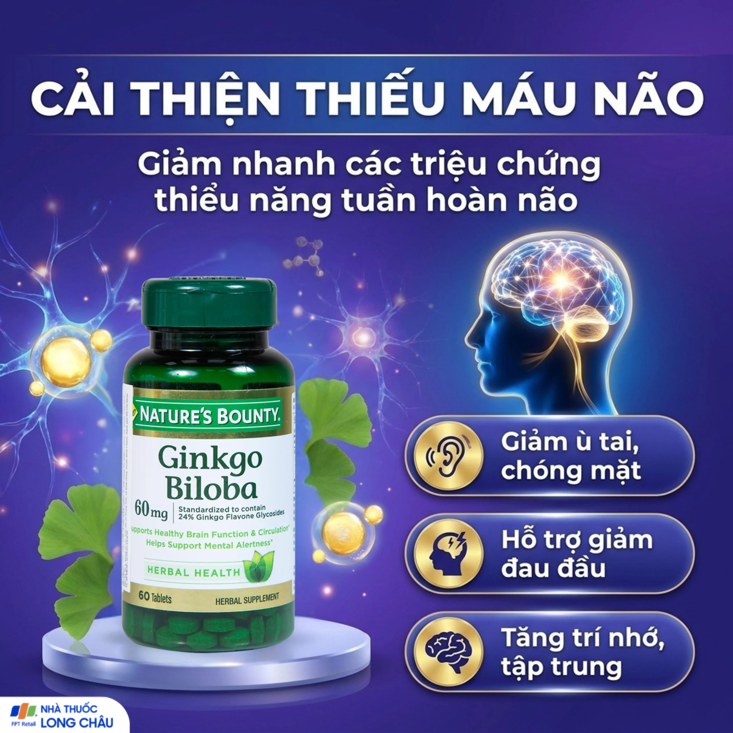 Viên uống hỗ trợ tăng cường tuần hoàn não Ginkgo Biloba 60mg Nature's Bounty (60 viên) 3