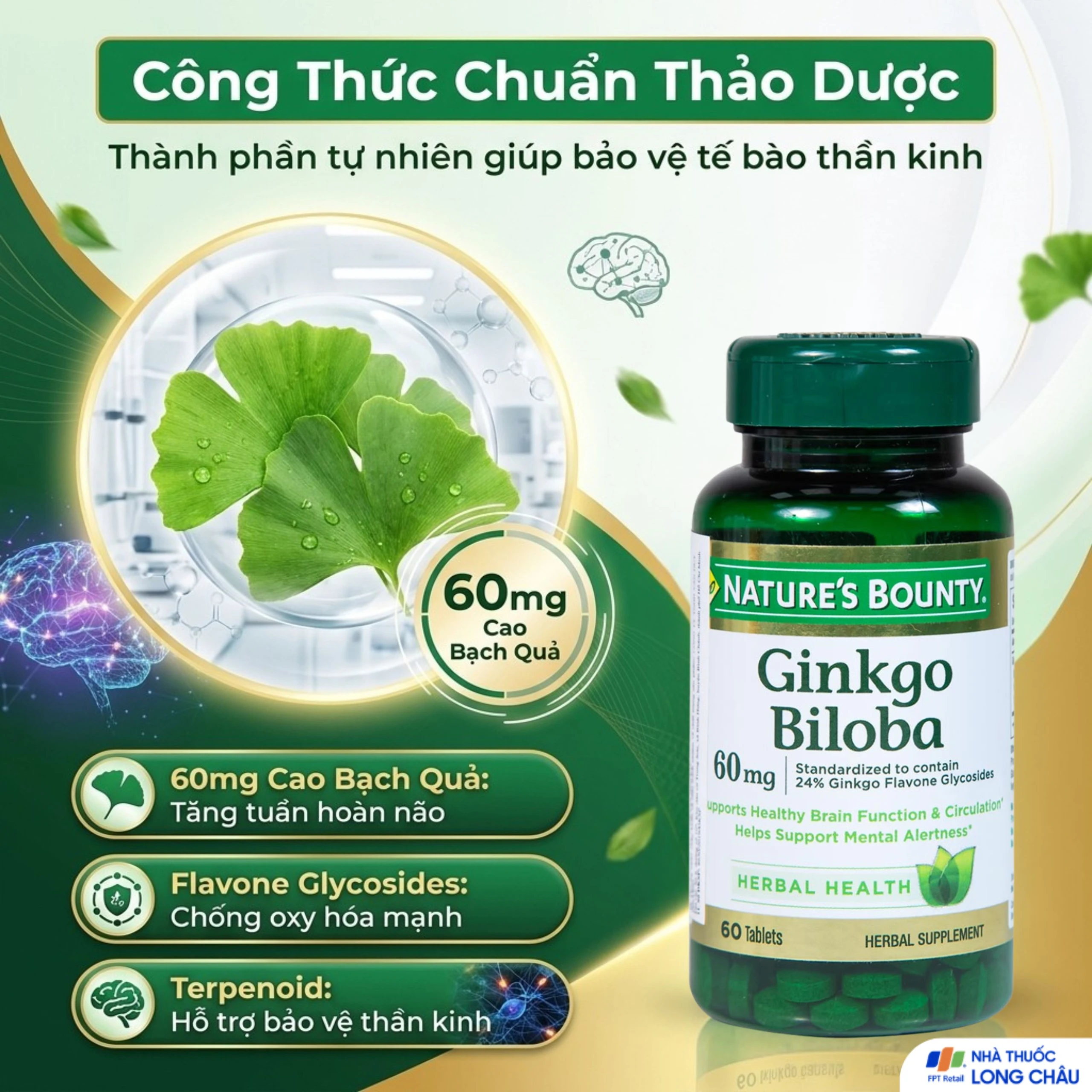 Viên uống hỗ trợ tăng cường tuần hoàn não Ginkgo Biloba 60mg Nature's Bounty (60 viên) 4