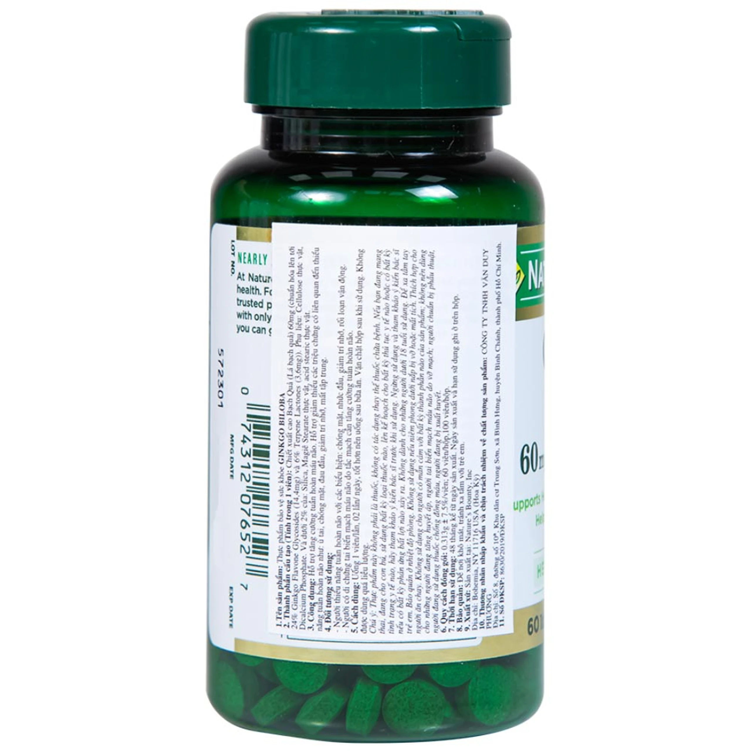 Viên uống hỗ trợ tăng cường tuần hoàn não Ginkgo Biloba 60mg Nature's Bounty (60 viên)