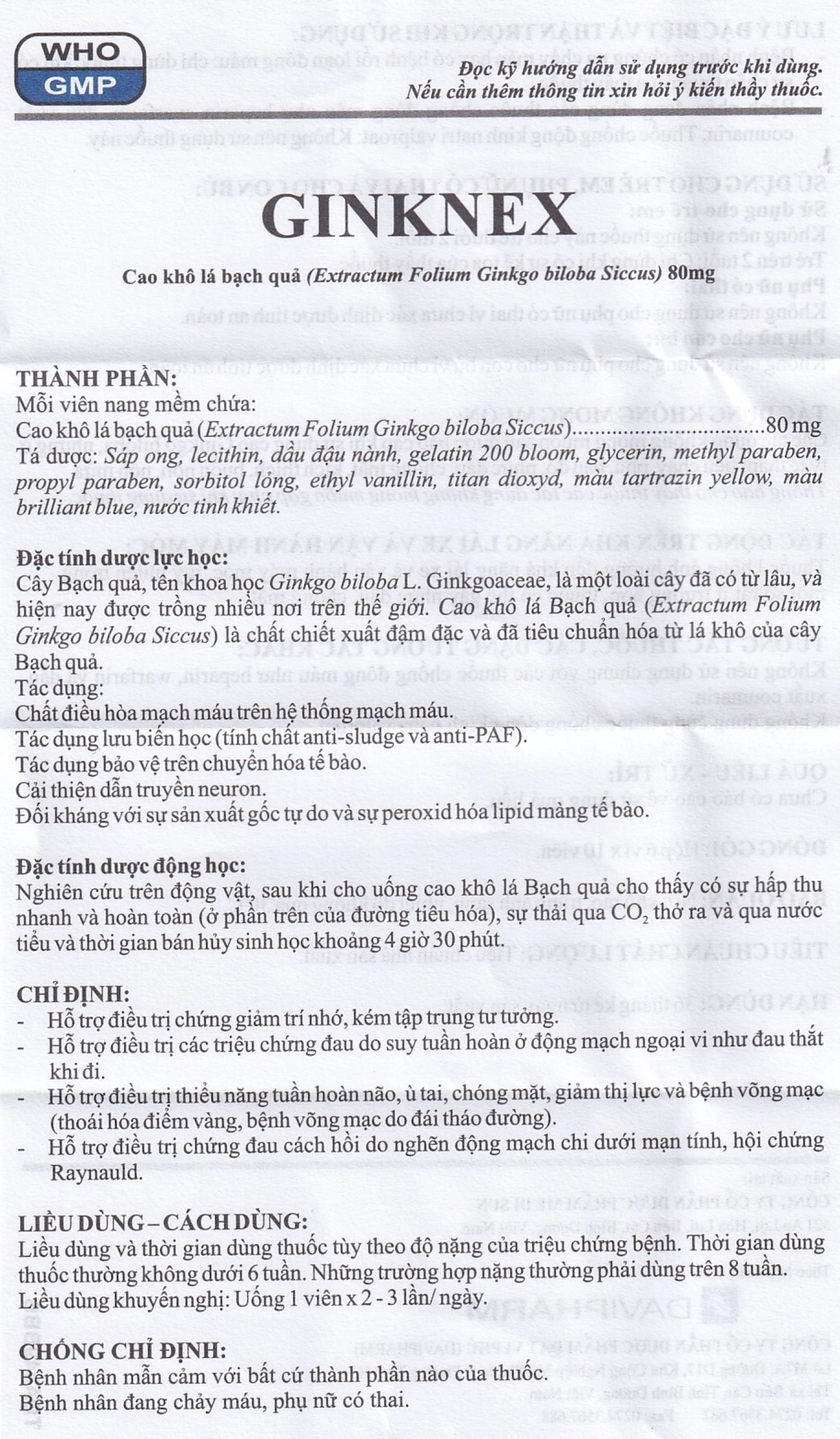 Thuốc Ginknex 80mg Davipharm hỗ trợ điều trị chứng giảm trí nhớ, kém tập trung tư tưởng (6 vỉ x 10 viên)