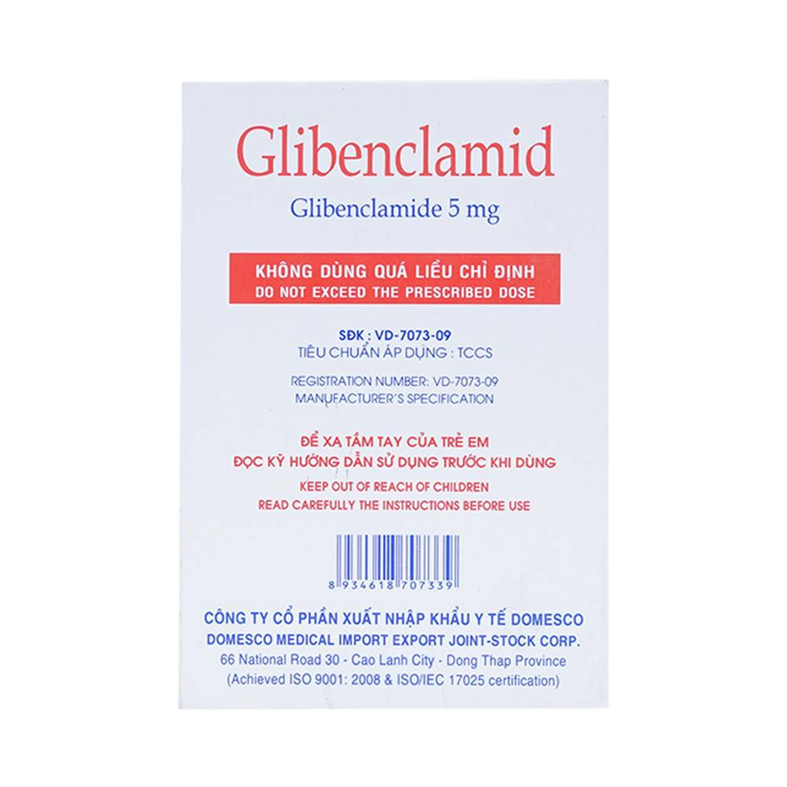 Thuốc Glibenclamid Domesco điều trị đái tháo đường không phụ thuộc insulin típ 2 (5 vỉ x 20 viên)