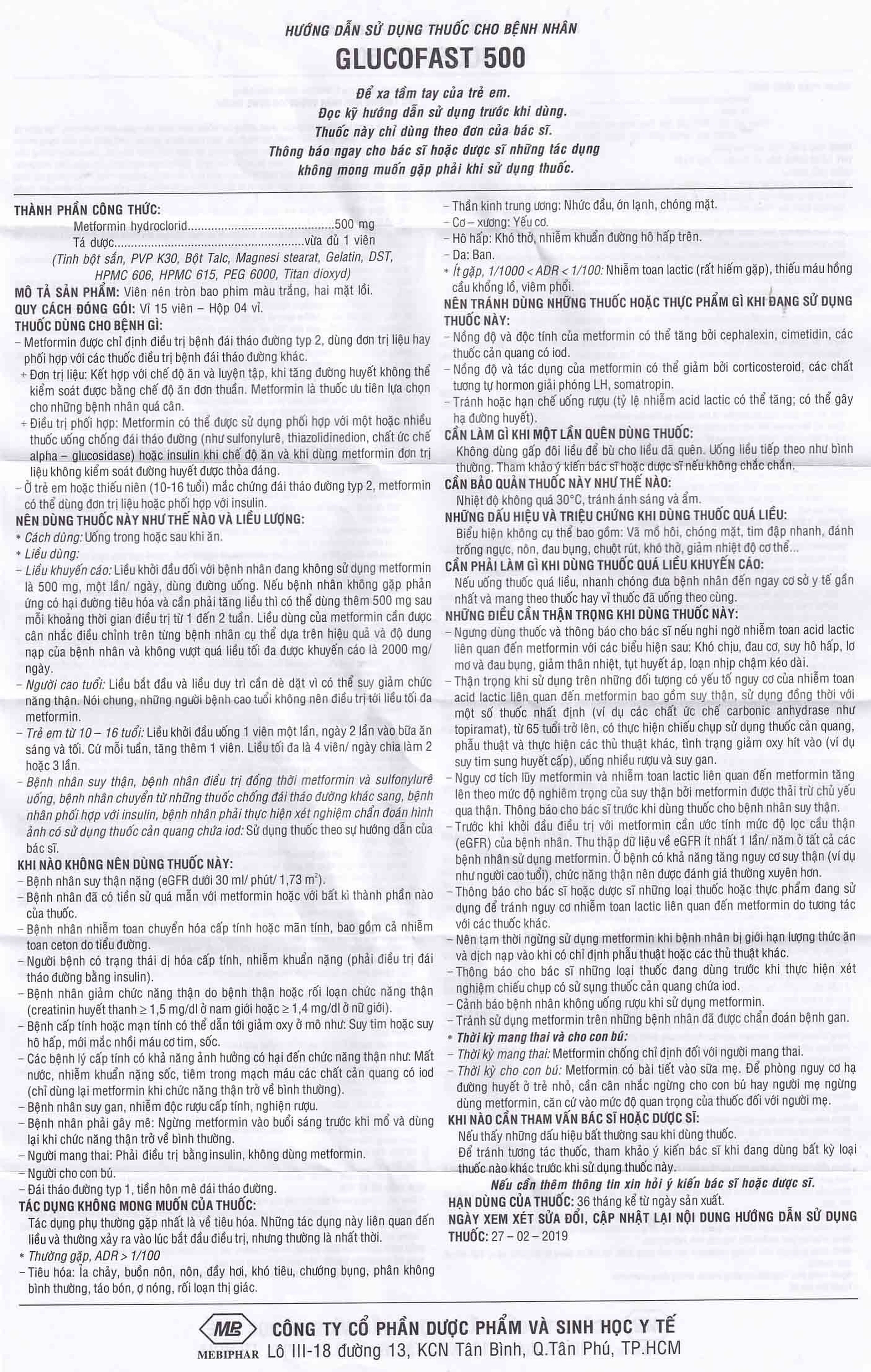 Thuốc Glucofast 500mg Mebiphar điều trị tiểu đường típ 2 (4 vỉ x 15 viên)