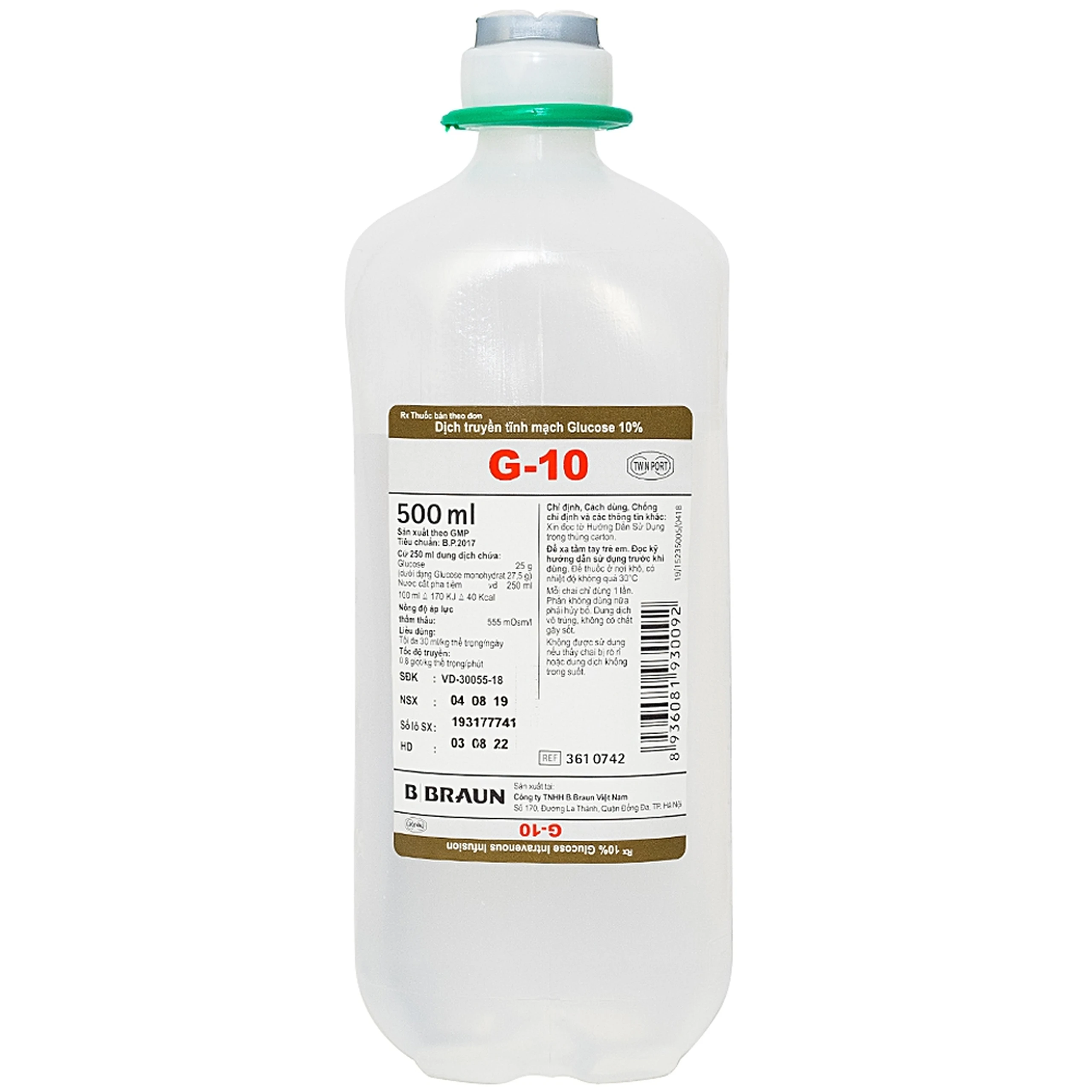 Dung dịch Glucose 10% Braun điều trị thiếu hụt hydrat carbon và dịch (10 chai x 500ml)