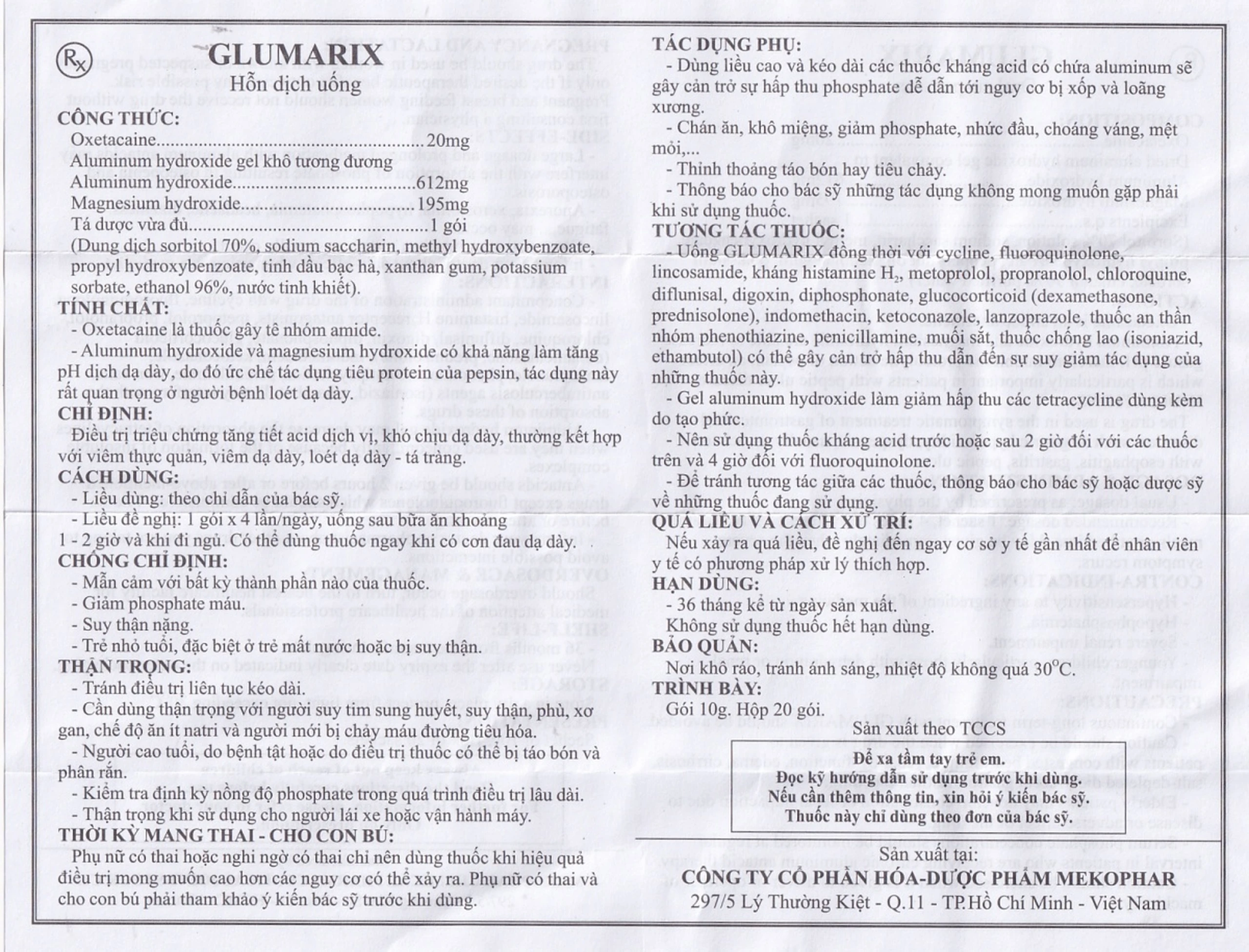 Hỗn dịch uống Glumarix 10g Mekophar điều trị triệu chứng tăng tiết acid dịch vị, khó chịu dạ dày (20 gói)