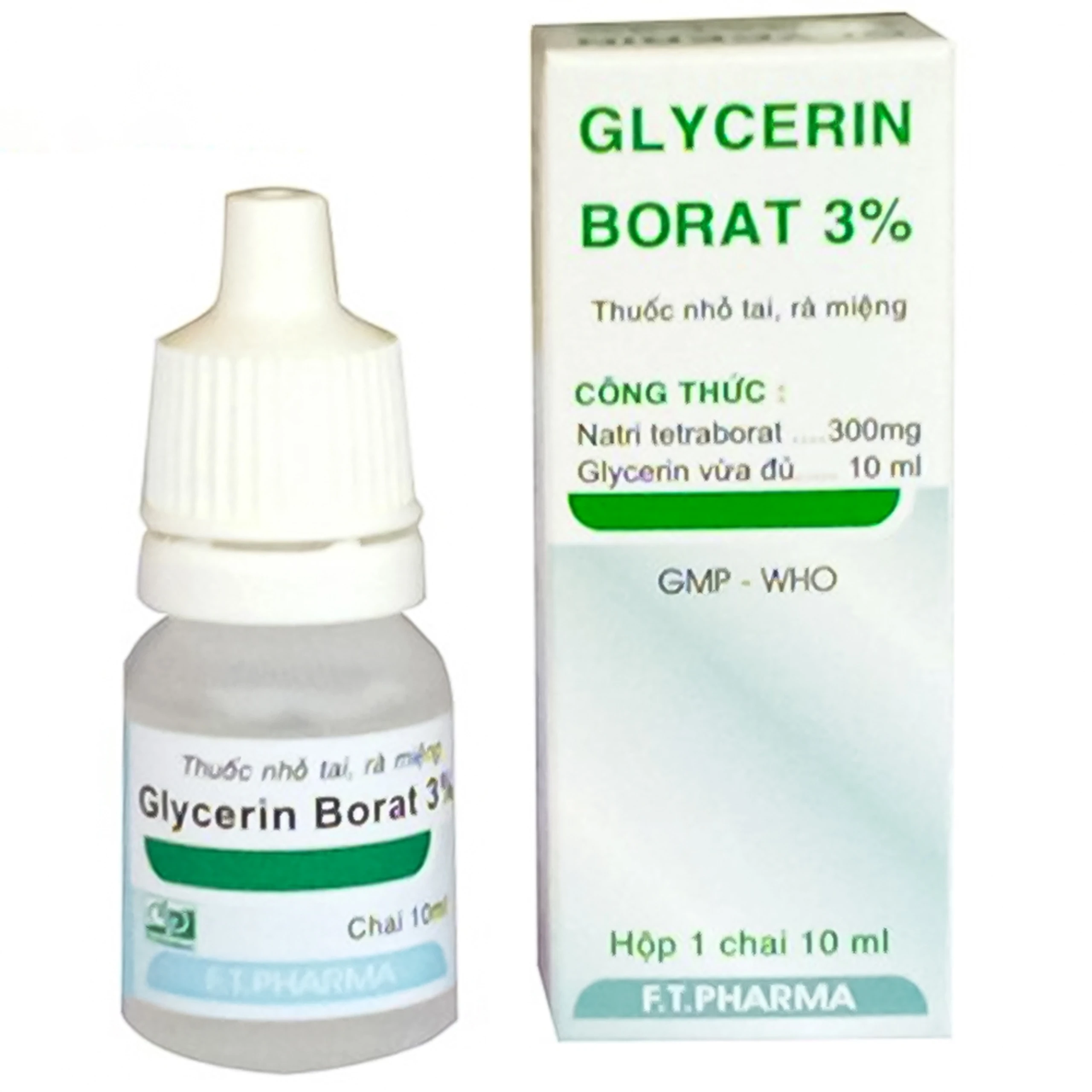 Thuốc nhỏ tai, rà miệng Glycerin Borat 3% F.T Pharma điều trị nấm miệng (Hộp 10ml)