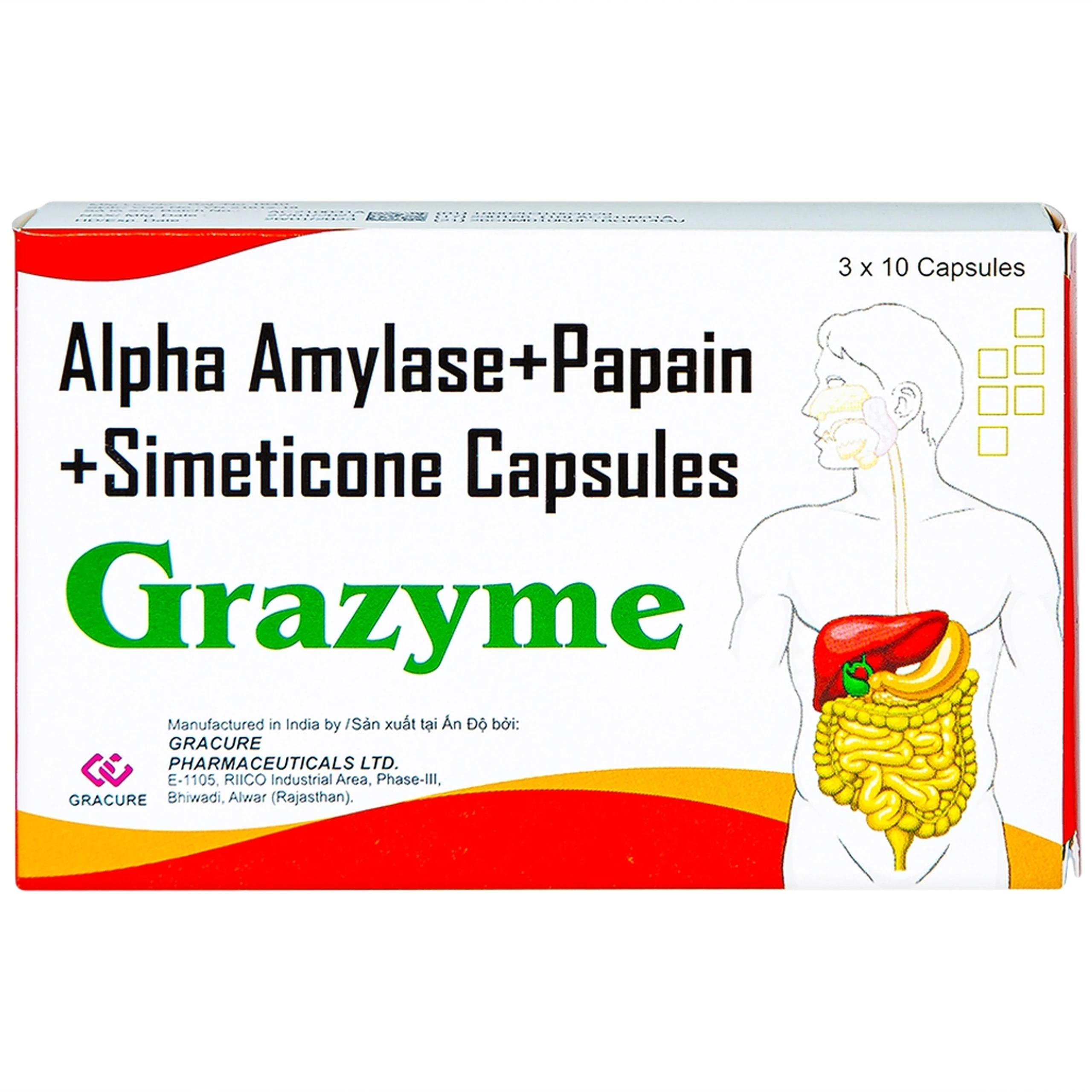 Thuốc Grazyme Gracure điều trị khó tiêu, tức bụng, đầy hơi (3 vỉ x 10 viên)
