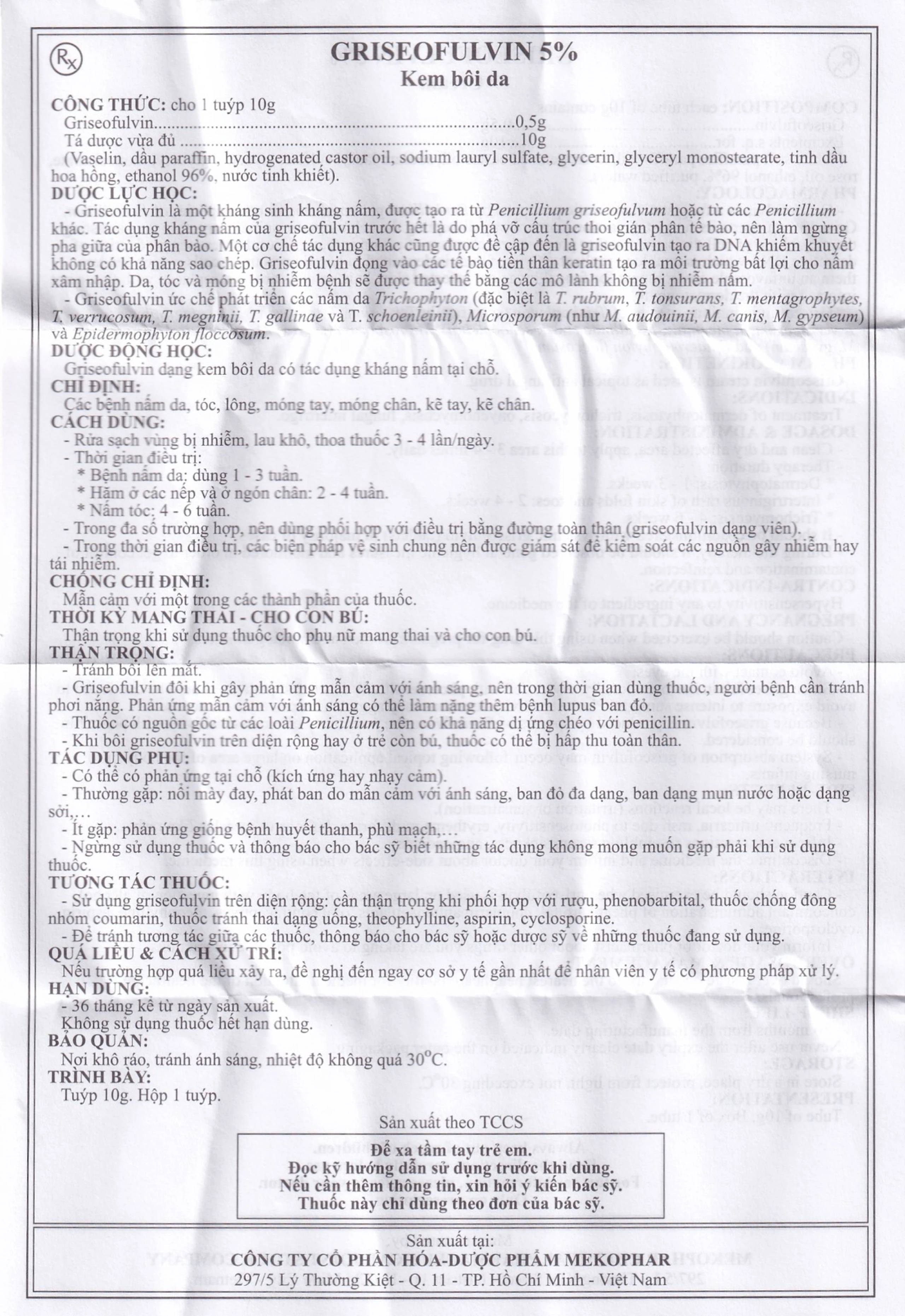 Kem bôi da Griseofulvin 5% Mekophar điều trị các bệnh nấm da, tóc, lông, móng tay, móng chân (10g)